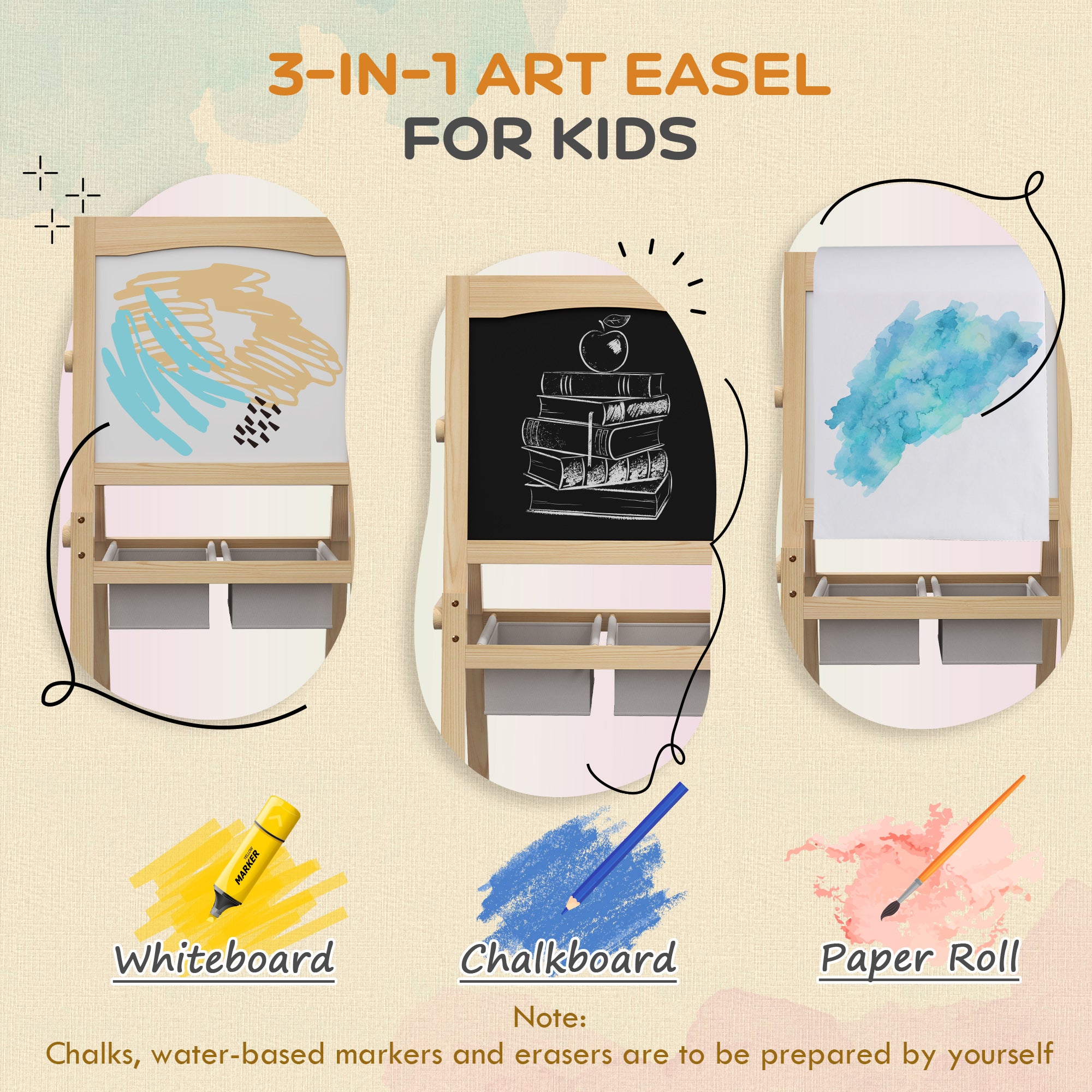 AIYAPLAY Kids Easel with Paper Roll, 3 in 1 Art Easel for Toddlers, Double-Sided Kids Whiteboard Blackboard with Storage Baskets for Ages 3-6 Years - Natural Wood Finish