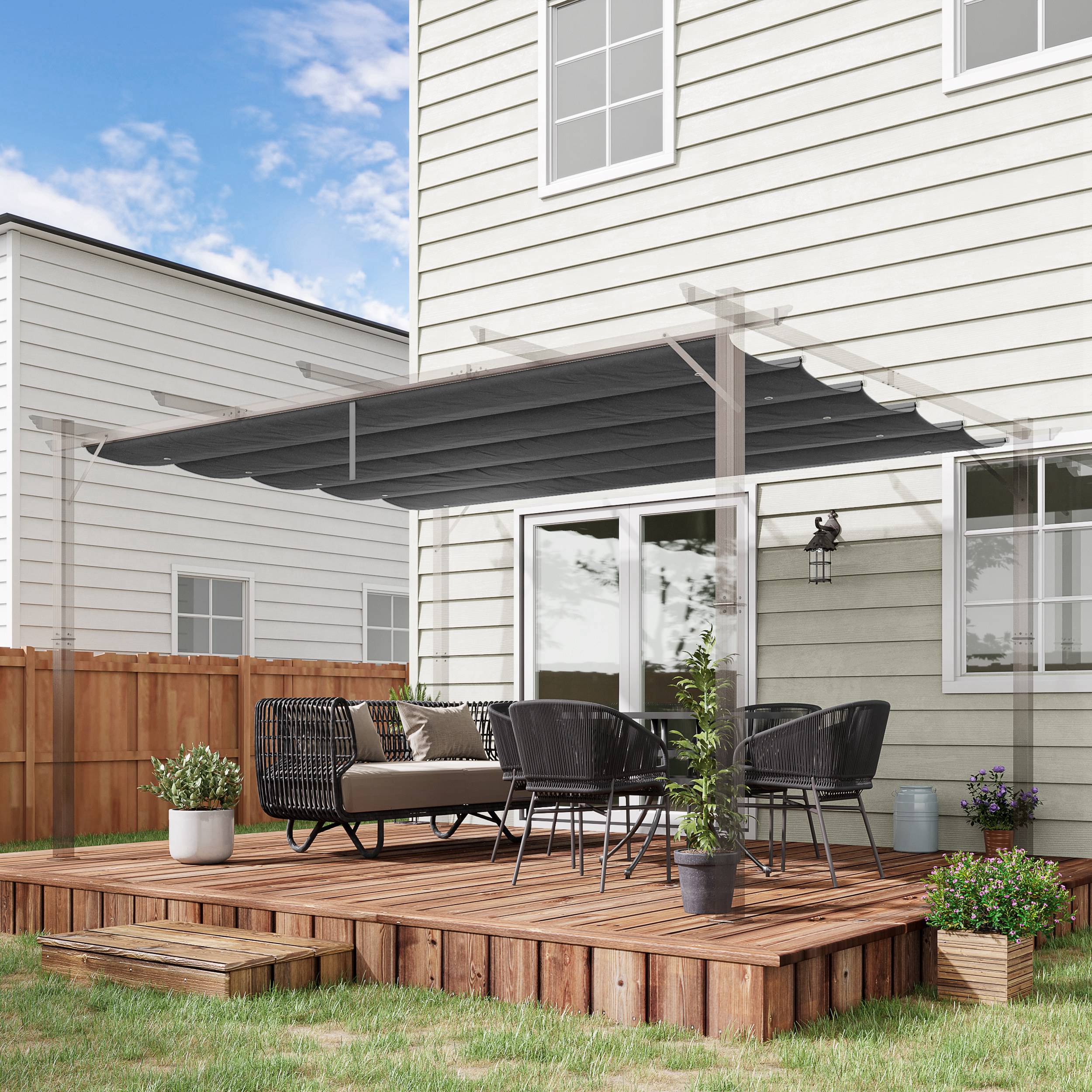 Outsunny Retractable Pergola Shade Cover, Replacement Canopy for 4 x 3 (m) Pergola, Retractable Roof, Dark Grey - North Peak Garden Furniture