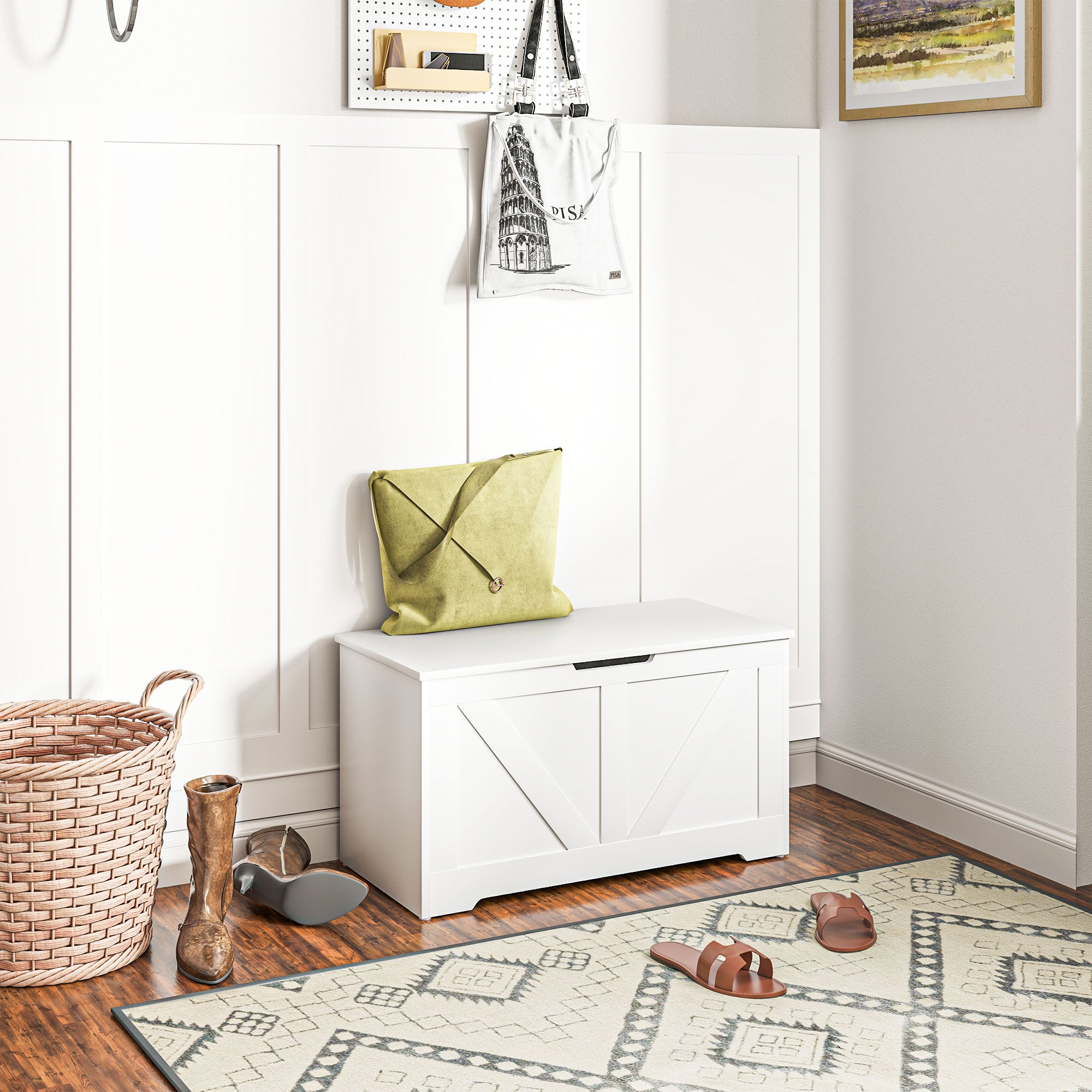 HOMCOM 100L Home Storage Box, with Safety Hinges - White Wood-Effect - North Peak Garden Furniture