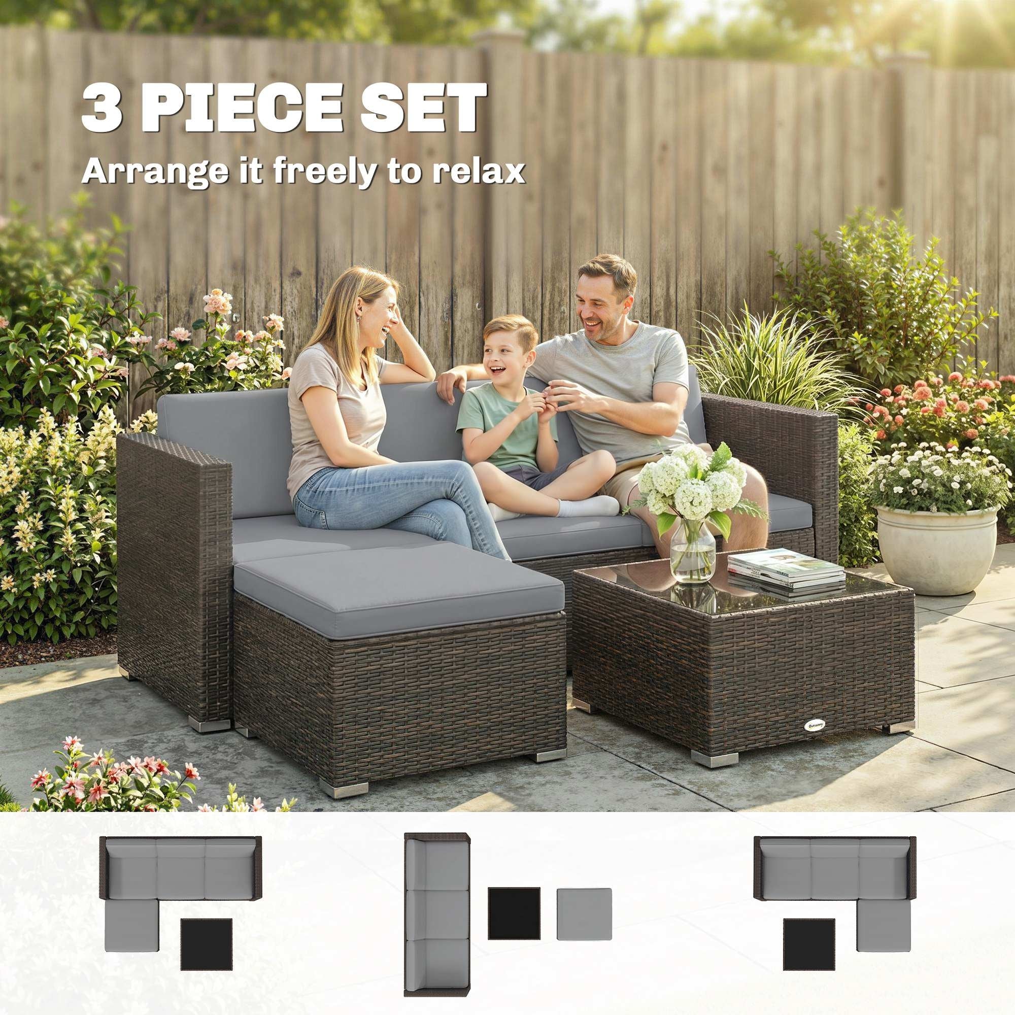 Outsunny 3 Pieces Garden Furniture Set w/ Cushions, PE Rattan Wicker Conversation Corner Sofa Set, Light Grey