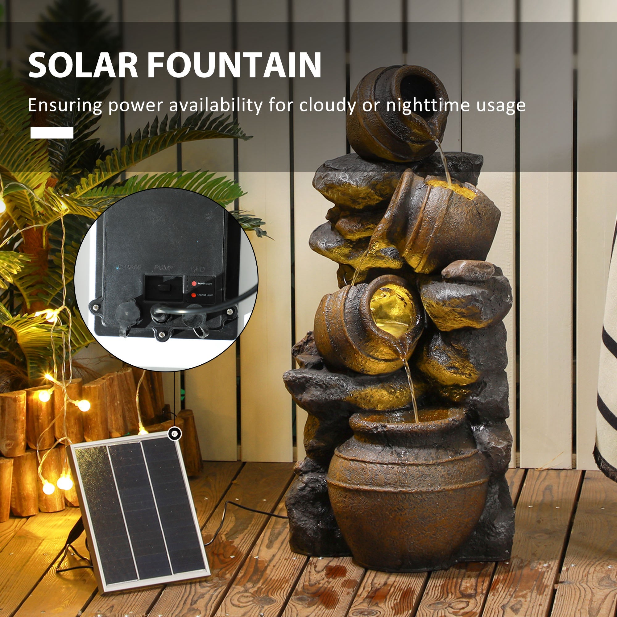 Outsunny Solar Powered Garden Water Feature with LED Lights and Pump, 4 Tier Cascading Water Fountain for Indoor/Outdoor, Jars Waterfall Ornament, 72cm Height - North Peak Garden Furniture