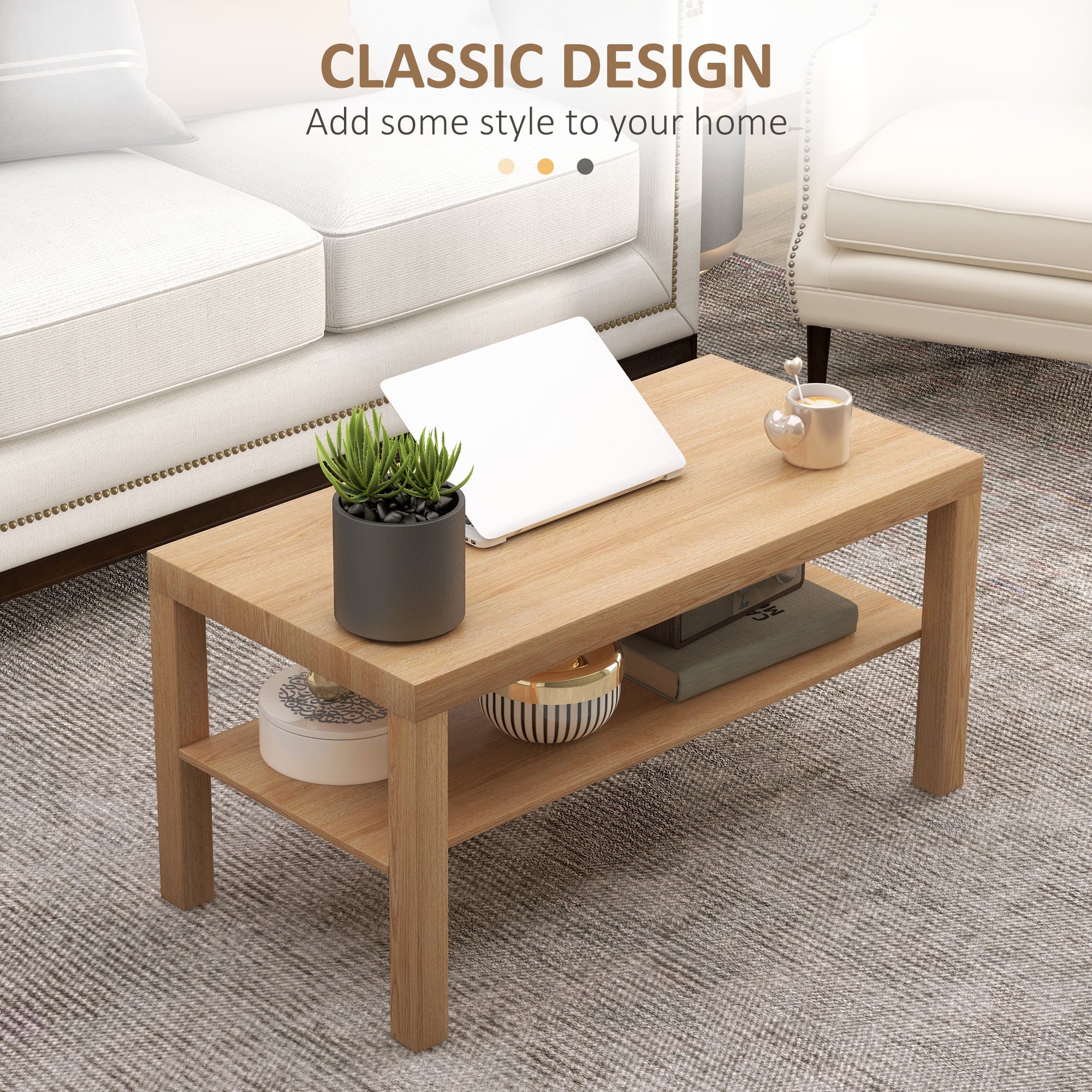 HOMCOM 2-Tier Coffee Table with Storage Shelf, Rectangular Centre Table for Living Room, Home Office, Natural Wood Finish - North Peak Garden Furniture