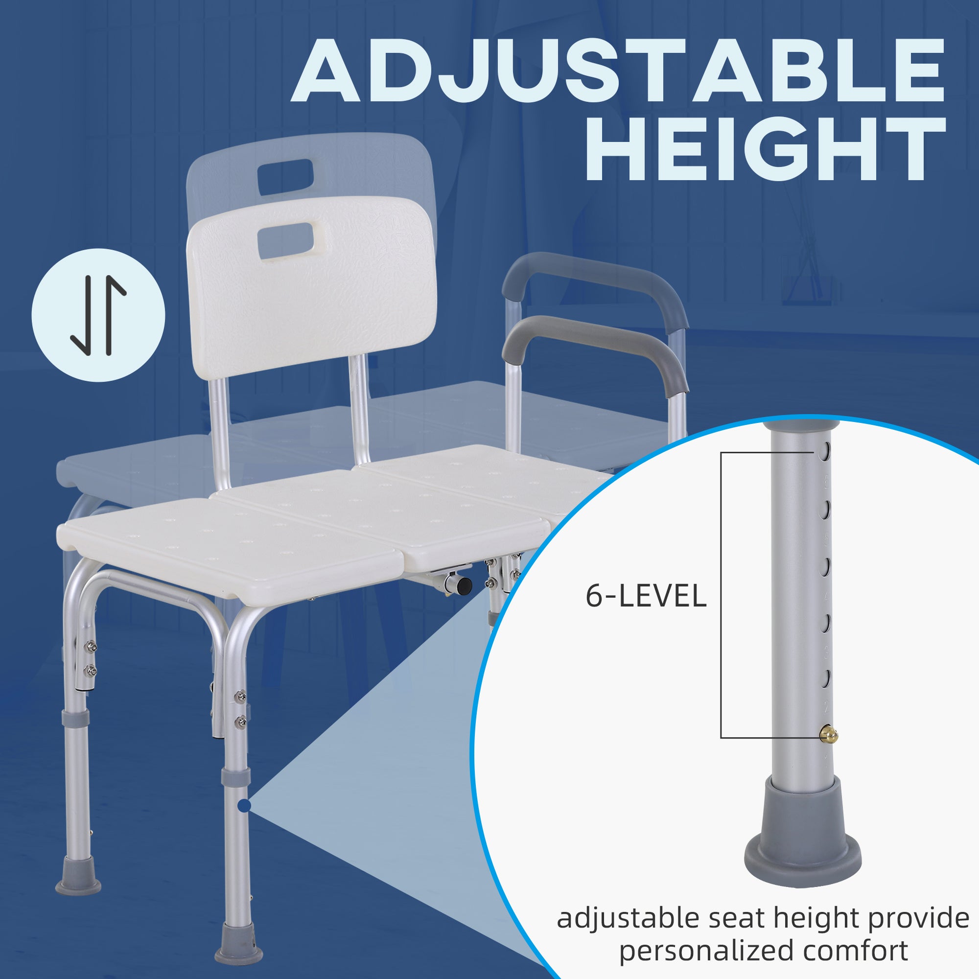 HOMCOM Height Adjustable Shower Chair, Non Slip Bath Transfer Bench for Elderly, Disabled with Armrest and Backrest, 300 lbs Capacity, White - North Peak Garden Furniture