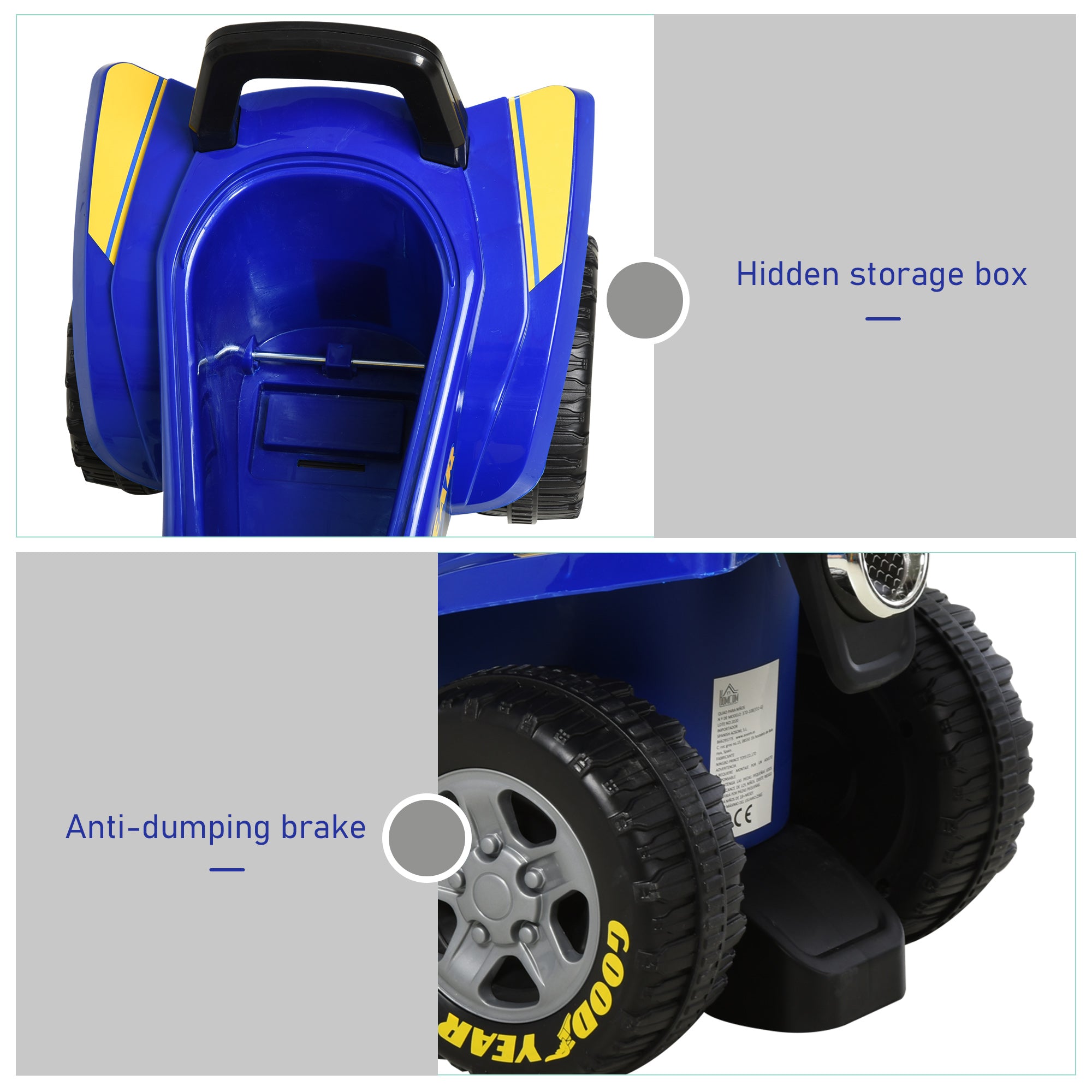 HOMCOM Baby Quad Bike Kids Ride On Car Goodyear Licensed Walker Foot To Floor Slider NO POWER w/ Lights Horn Storage Blue for 18-36 Months - North Peak Garden Furniture