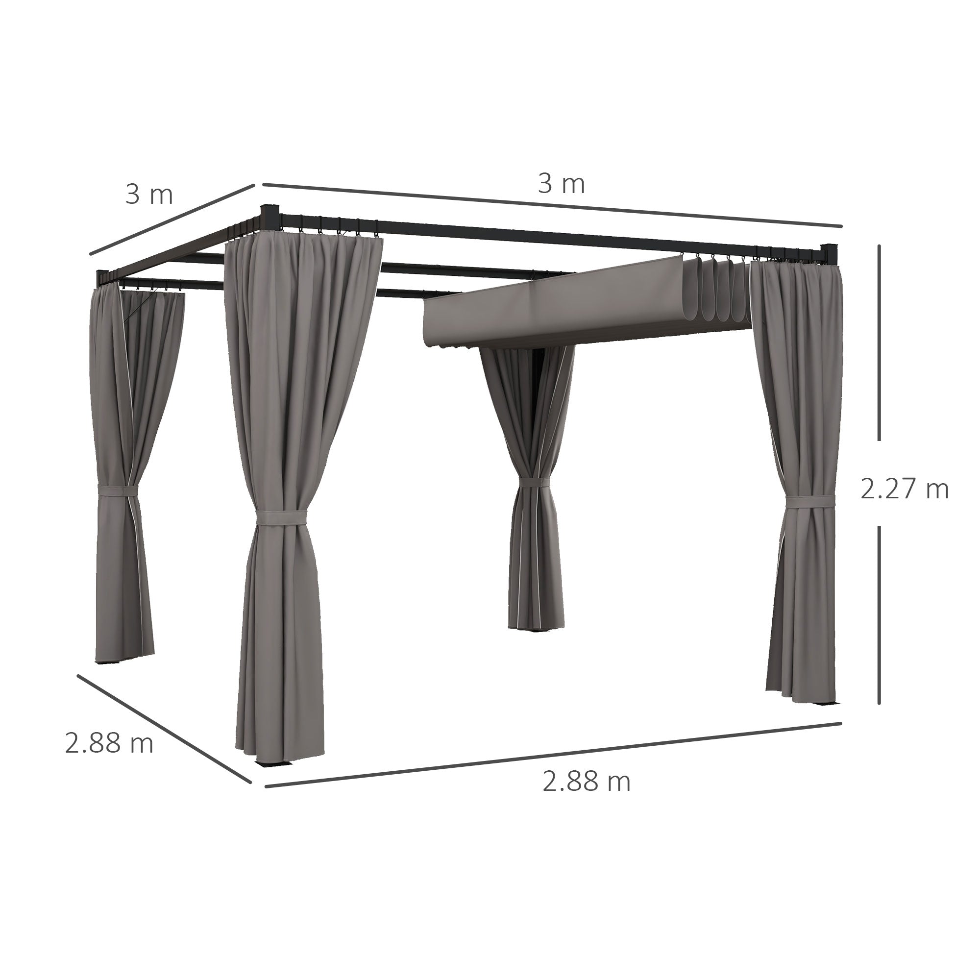 Outsunny 3 x 3m Moving Canopy Metal Pergola, with Curtains - Grey - North Peak Garden Furniture