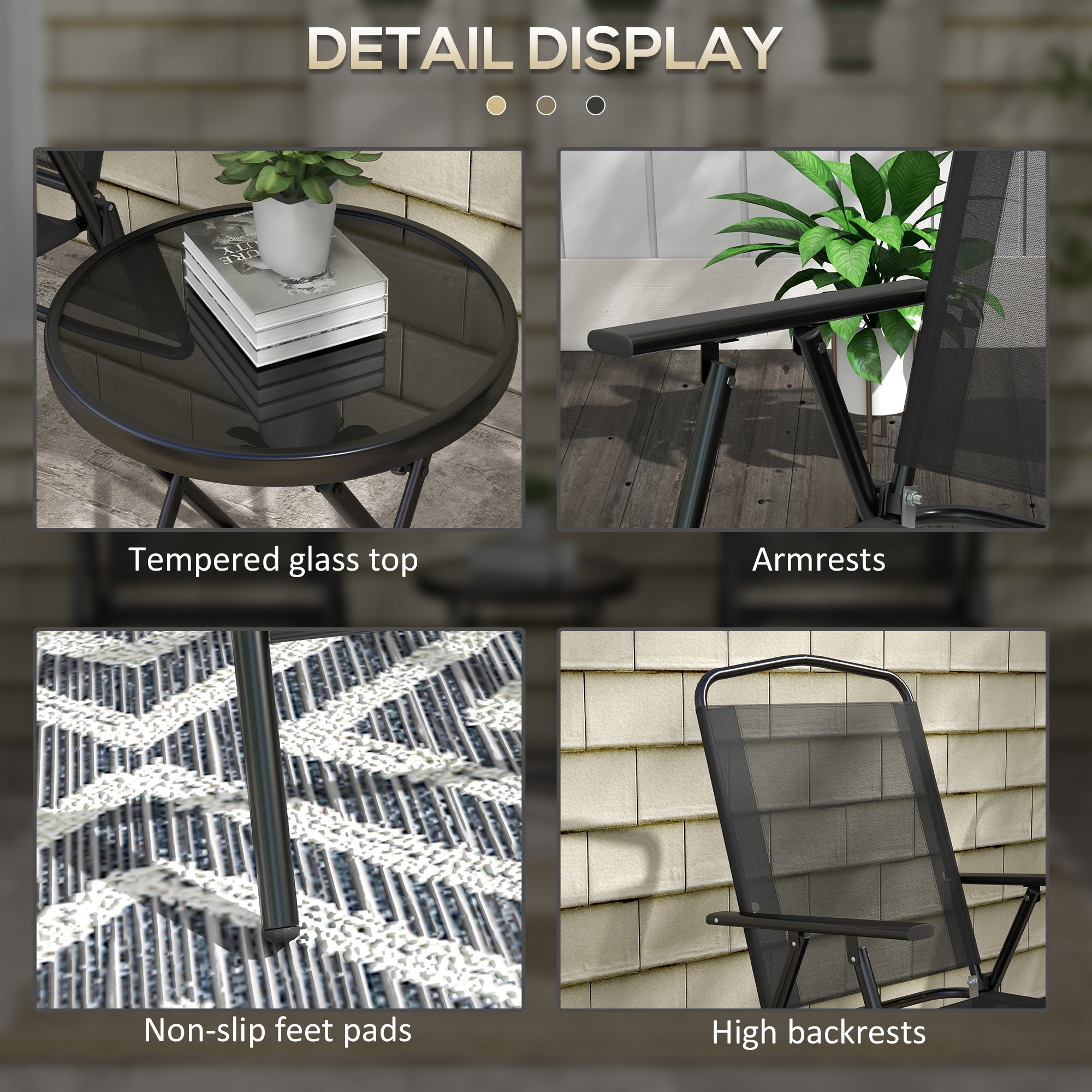 Outsunny Three-Piece Garden Seat Set, with Glass-Top Table - Black - North Peak Garden Furniture