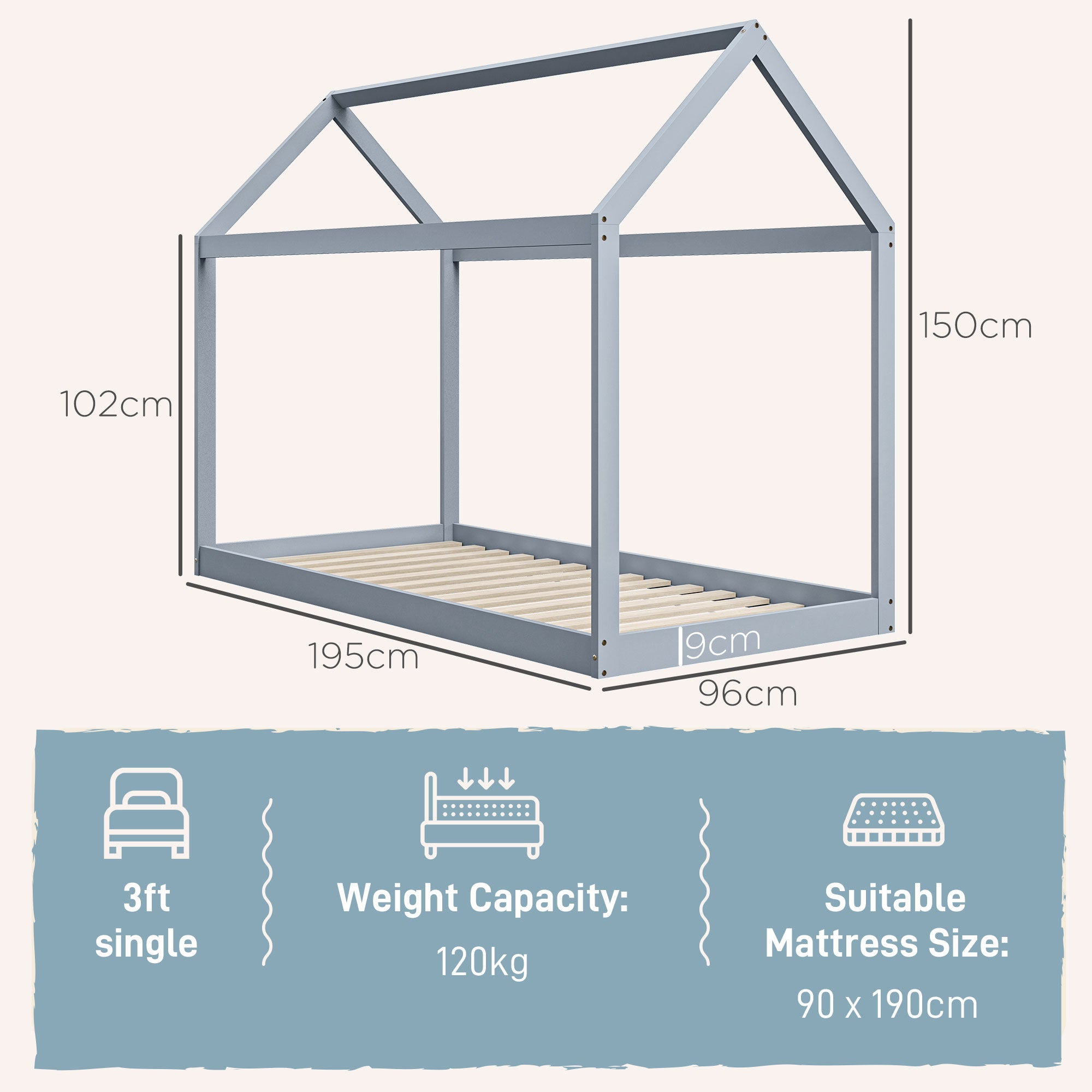 HOMCOM Single Bed Frame, House Scandinavian Style Wooden Bed Frame for 90W x 190Dcm Mattress, Pine Wood Bed Base, Grey - North Peak Garden Furniture