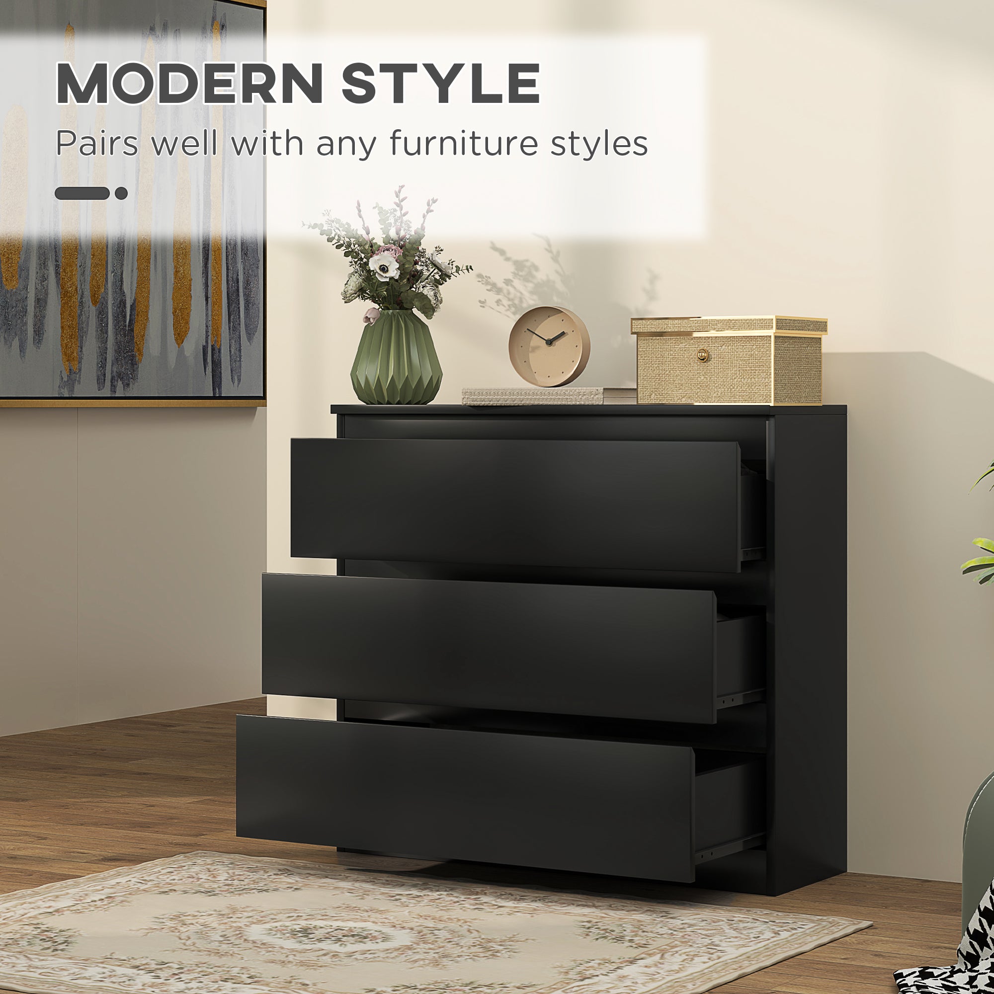 HOMCOM Chest of Drawers, 3-Drawer Storage Organiser Unit for Bedroom, Living Room, Black - North Peak Garden Furniture