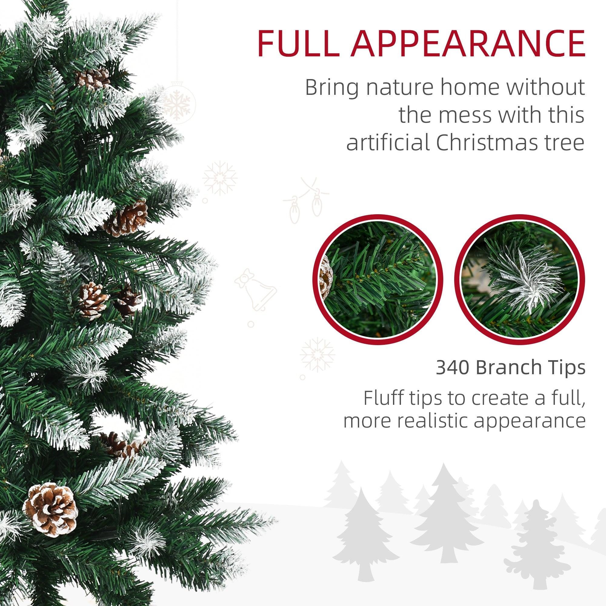 HOMCOM 5 Ft Snow Artificial Christmas Tree with Realistic Branches, Pine Cone, for Indoor Decoration, Green White