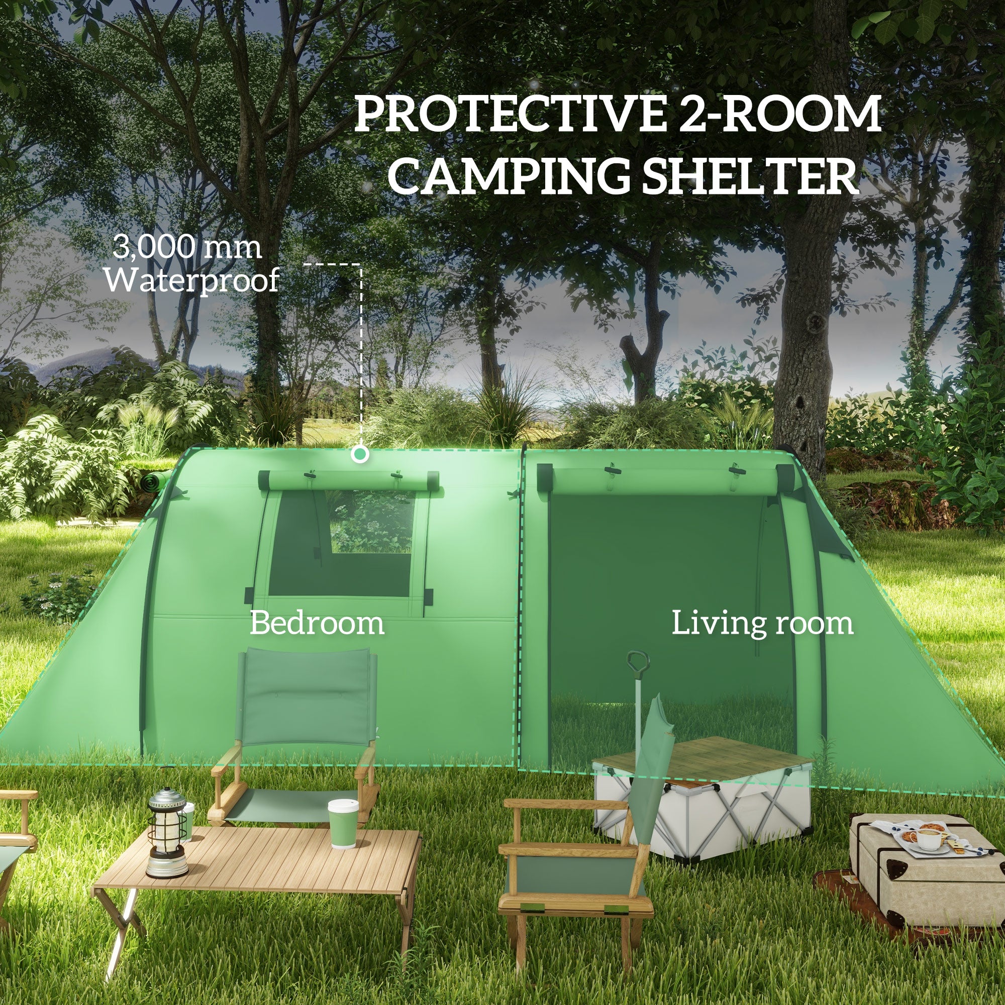 Outsunny Four Man Duo Room Tunnel Tent, with Accessories - Green - North Peak Garden Furniture