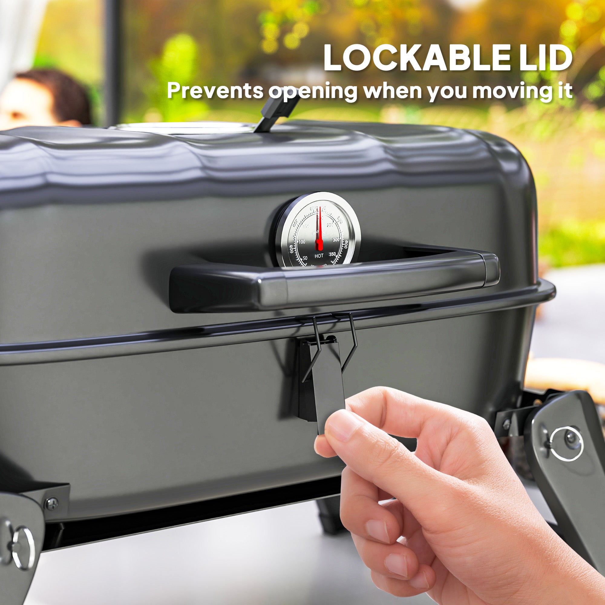Outsunny Charcoal Barbecue Grill Folding BBQ Grill with 1232 cm² Cooking Area, Adjustable Vent, Thermometer, Handles for Camping Picnic, Black - North Peak Garden Furniture