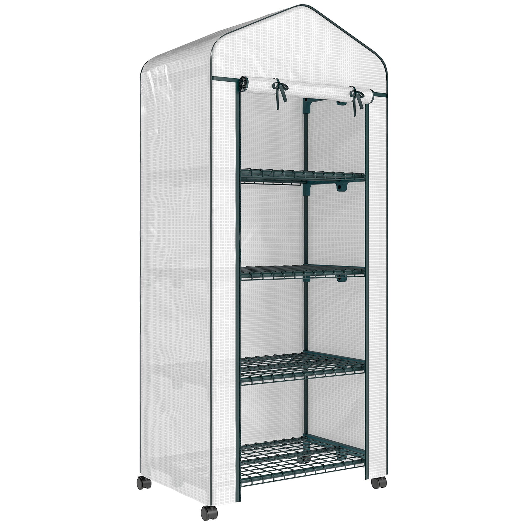 Outsunny 4 Tier Mini Portable Greenhouse Compact Plant Grow Shed Metal Frame PE Cover with Lockable Rolling Wheels, White