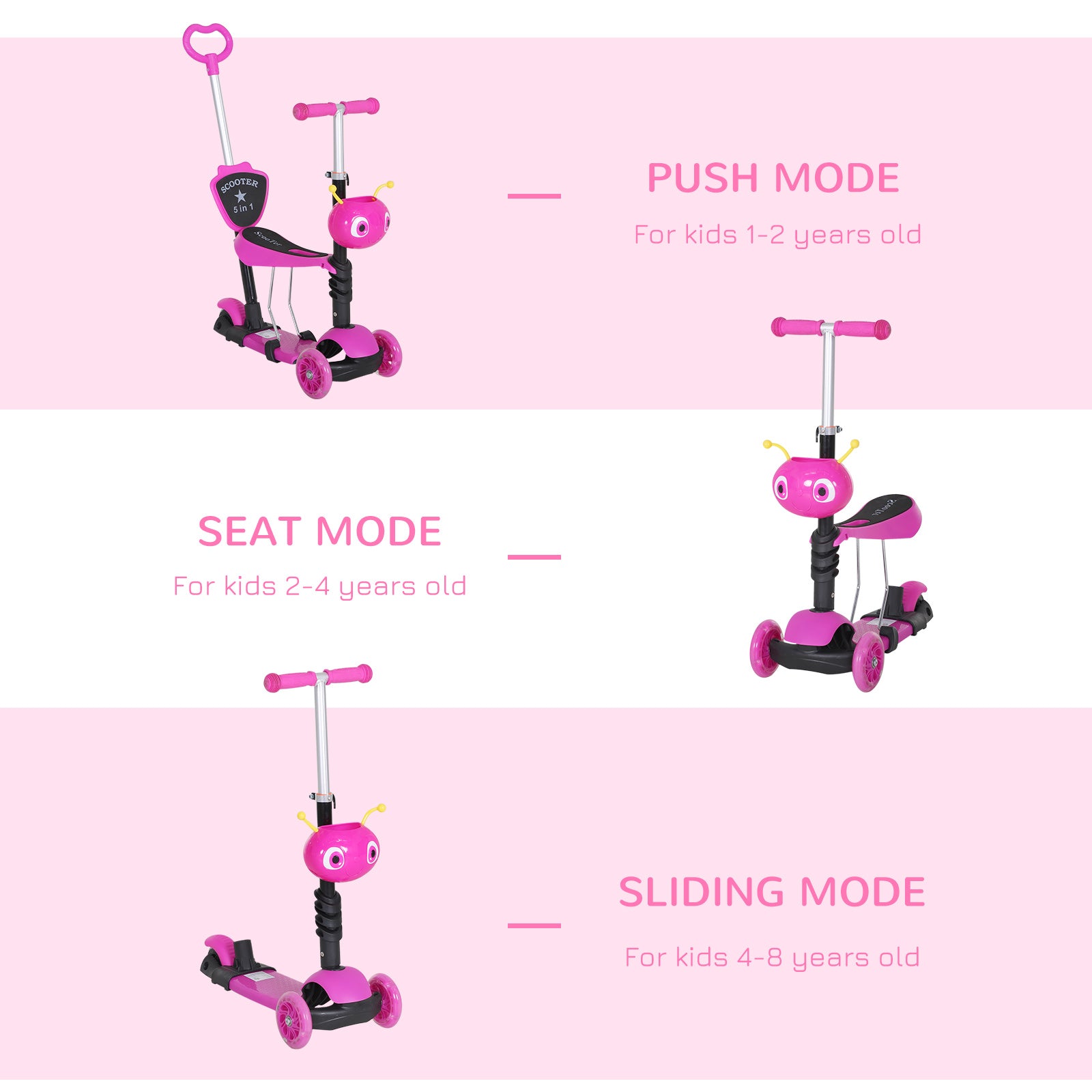 HOMCOM 5-in-1 Kids Toddler 3 Wheels Mini Kick Scooter Push Walker with Removable Seat & Back Rest for Girls and Boys Pink - North Peak Garden Furniture