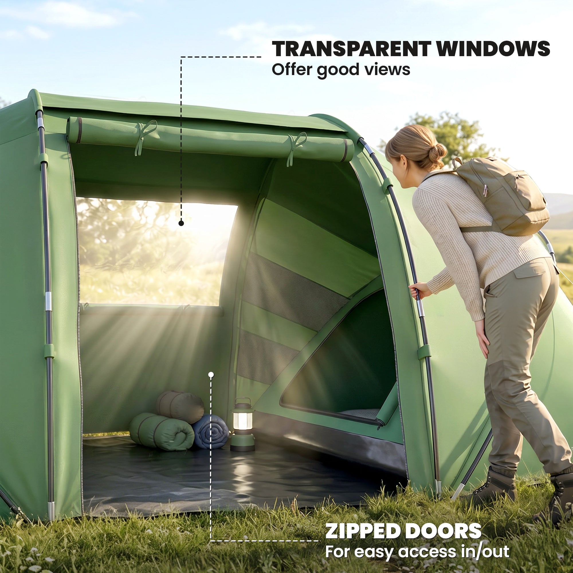 Outsunny 4-6 Man Camping Tent w/ Two Bedroom, Hiking Sun Shelter, UV Protection Tunnel Tent, Dark Green