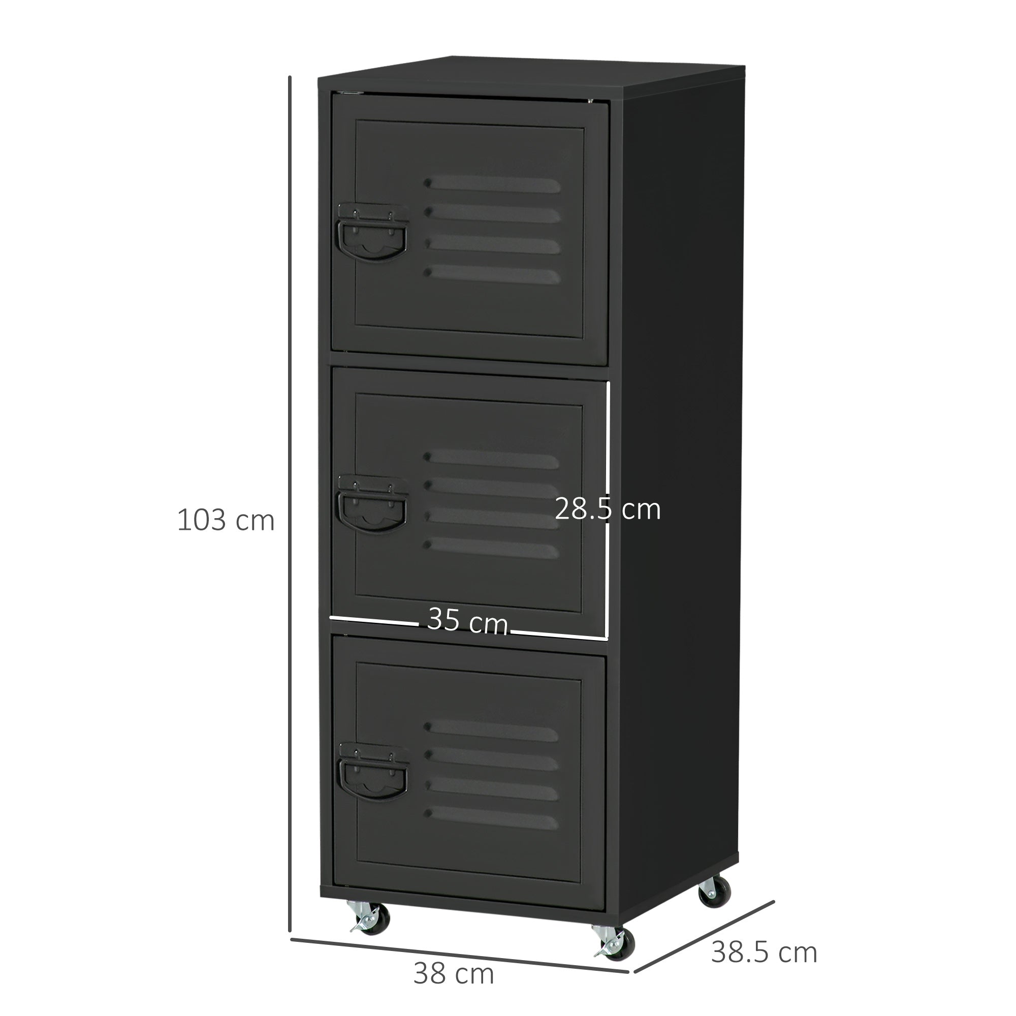 HOMCOM Rolling Storage Cabinet 3-Tier Mobile File Cabinet with Wheels & Metal Doors for Home Office, Living Room, Black - North Peak Garden Furniture