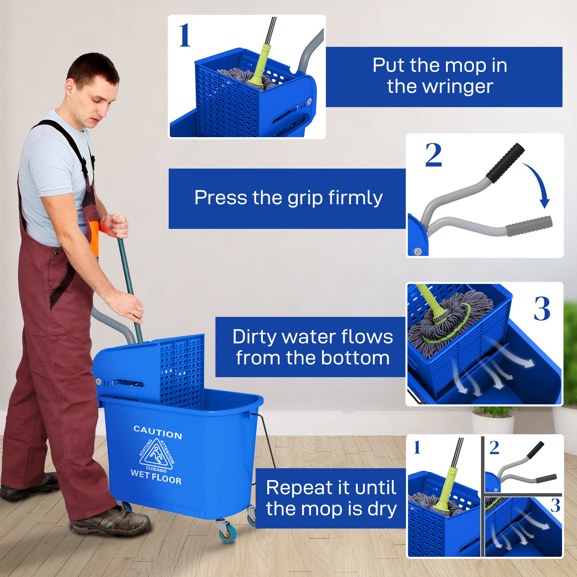 HOMCOM 20L Mop Bucket on Wheels, with Water Separation Panel - Blue - North Peak Garden Furniture