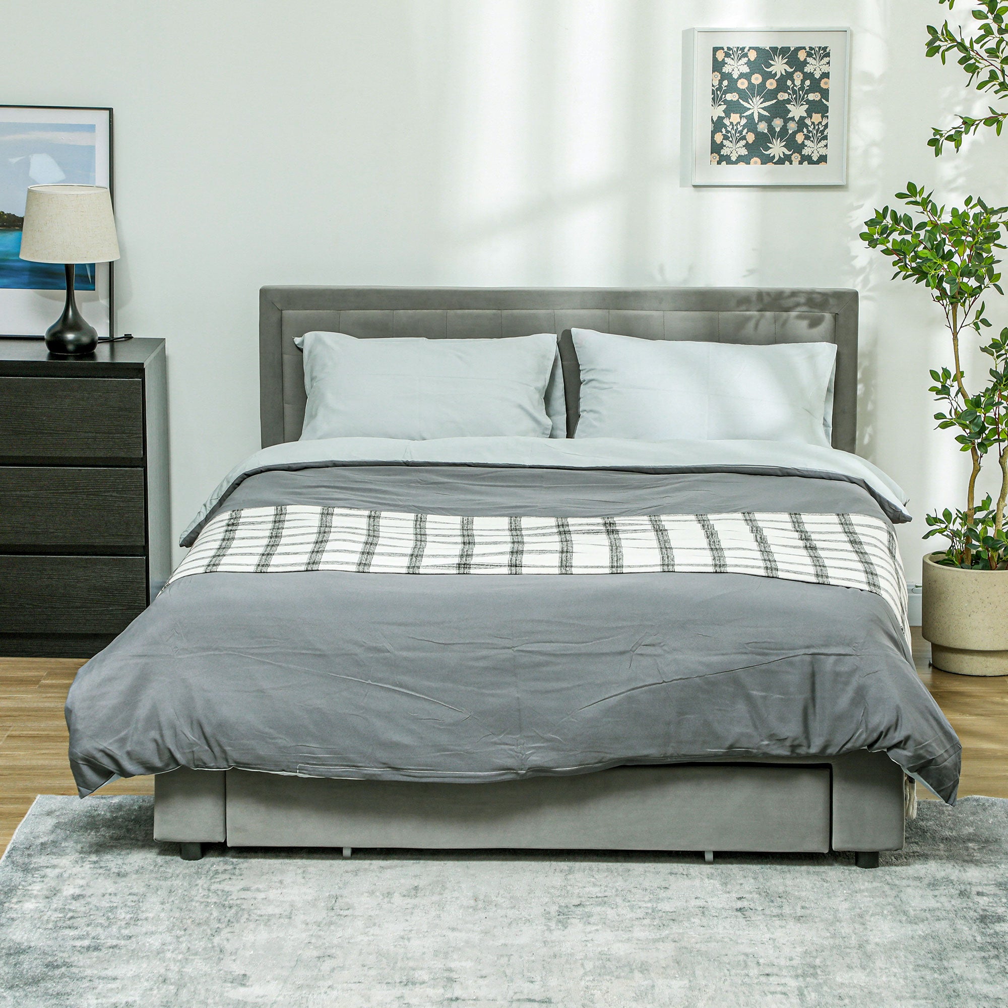 HOMCOM King Size Ottoman Bed Frame, with Front Drawer - Grey - North Peak Garden Furniture