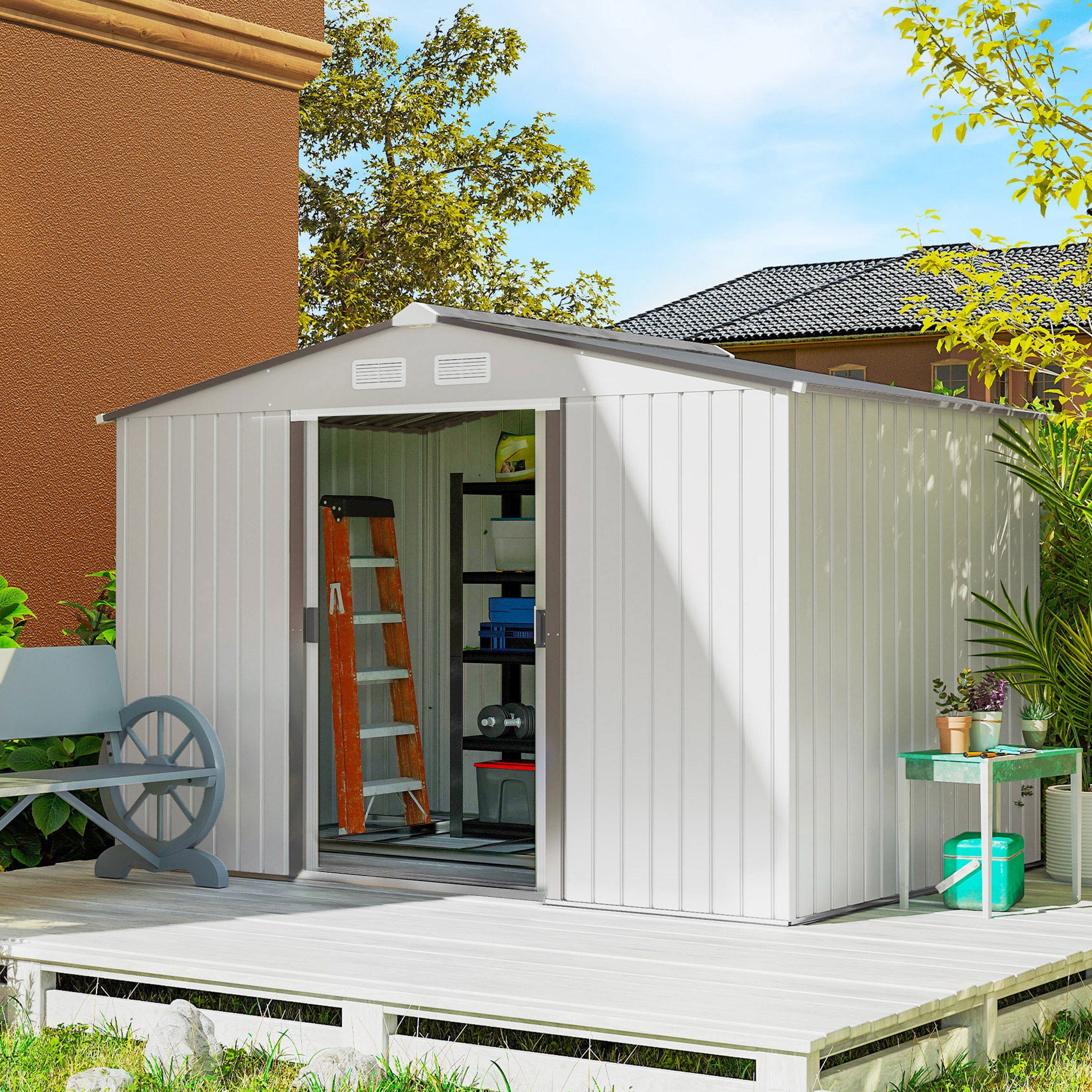 Outsunny Garden Storage Shed, Metal Outdoor Storage Shed House with Foundation Kit, Ventilation, Doors, 9 x 6FT, Silver