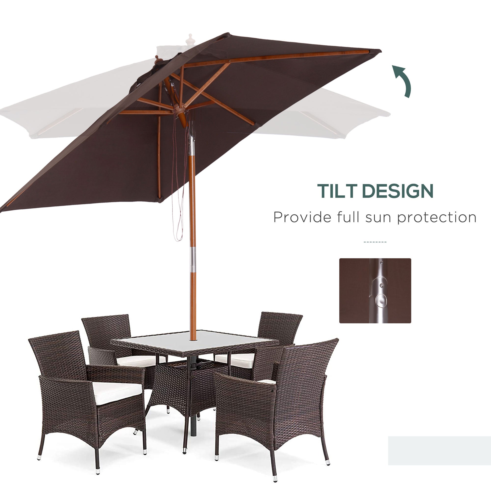 Outsunny 2m x 1.5m Garden Parasol Umbrella with Tilting Sunshade Canopy, Outdoor Market Table Umbrella with Wood and Bamboo Frame, Coffee - North Peak Garden Furniture