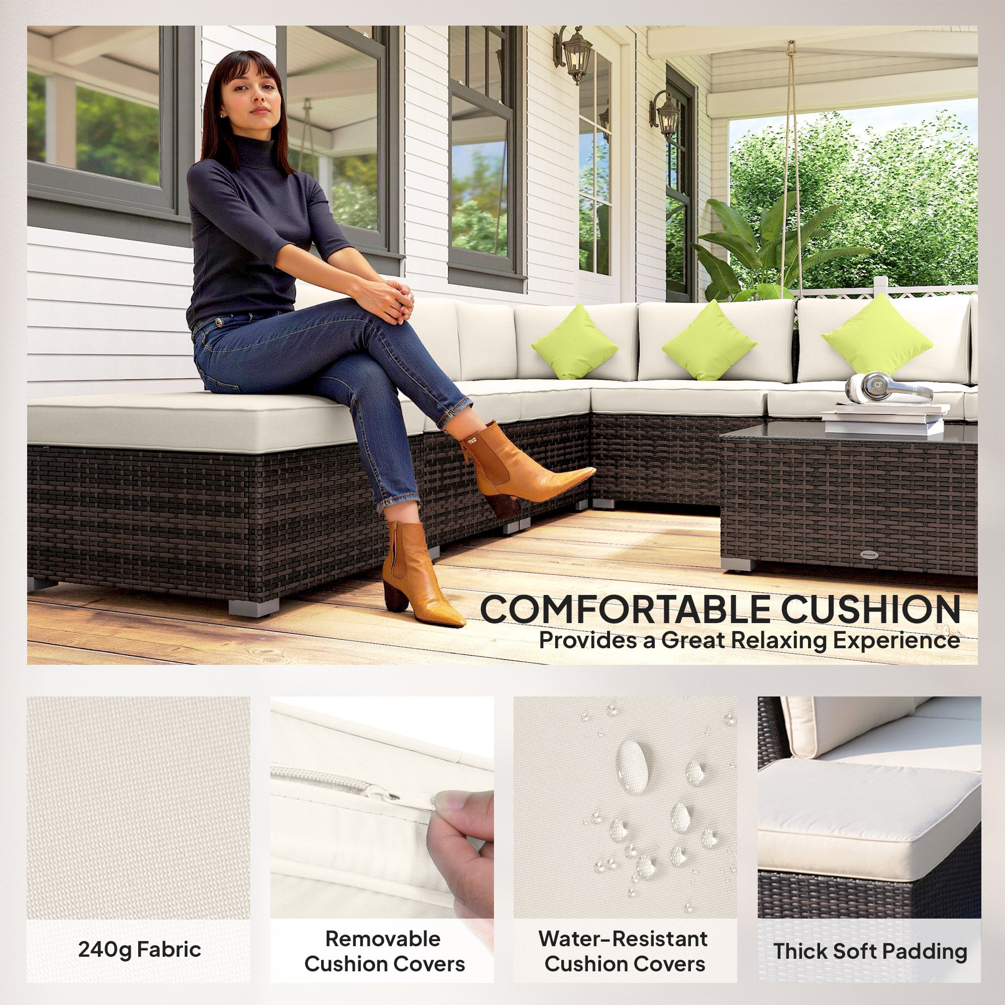 Outsunny 8 Pieces PE Rattan Corner Sofa Set with Thick Cushions, Aluminium Outdoor Rattan Garden Furniture Set with Glass Top Table, No Assembly Required, Mixed Brown