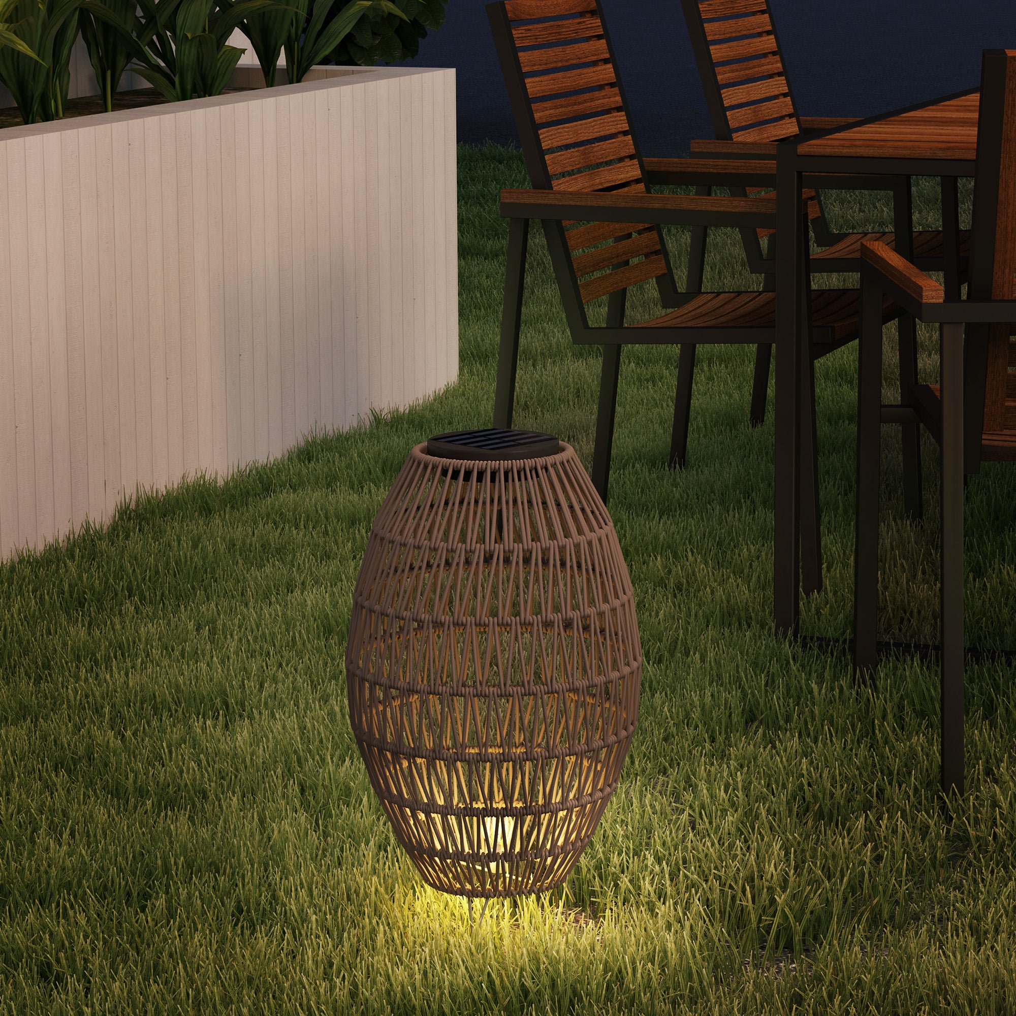 Outsunny Rattan Solar Lamp, Garden Solar Lantern with Auto On/Off Light, IP44 Waterproof, Decorative Outdoor Rattan Lamp for Porch, Pathway, Dark Brown - North Peak Garden Furniture
