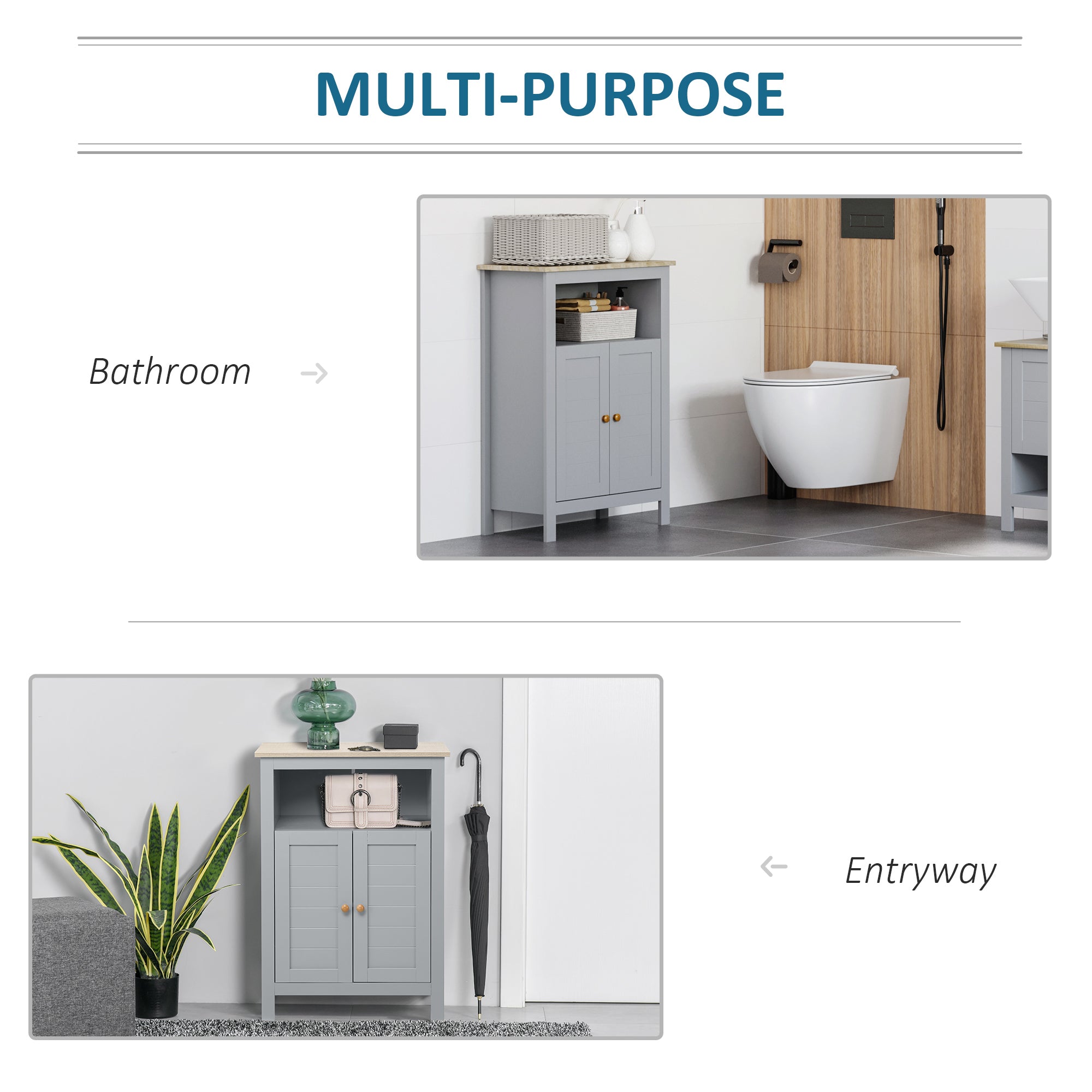 kleankin Bathroom Floor Cabinet, Free Standing Cupboard with Double Doors and Adjustable Shelf for Kitchen, Hallway, Living Room, Grey - North Peak Garden Furniture