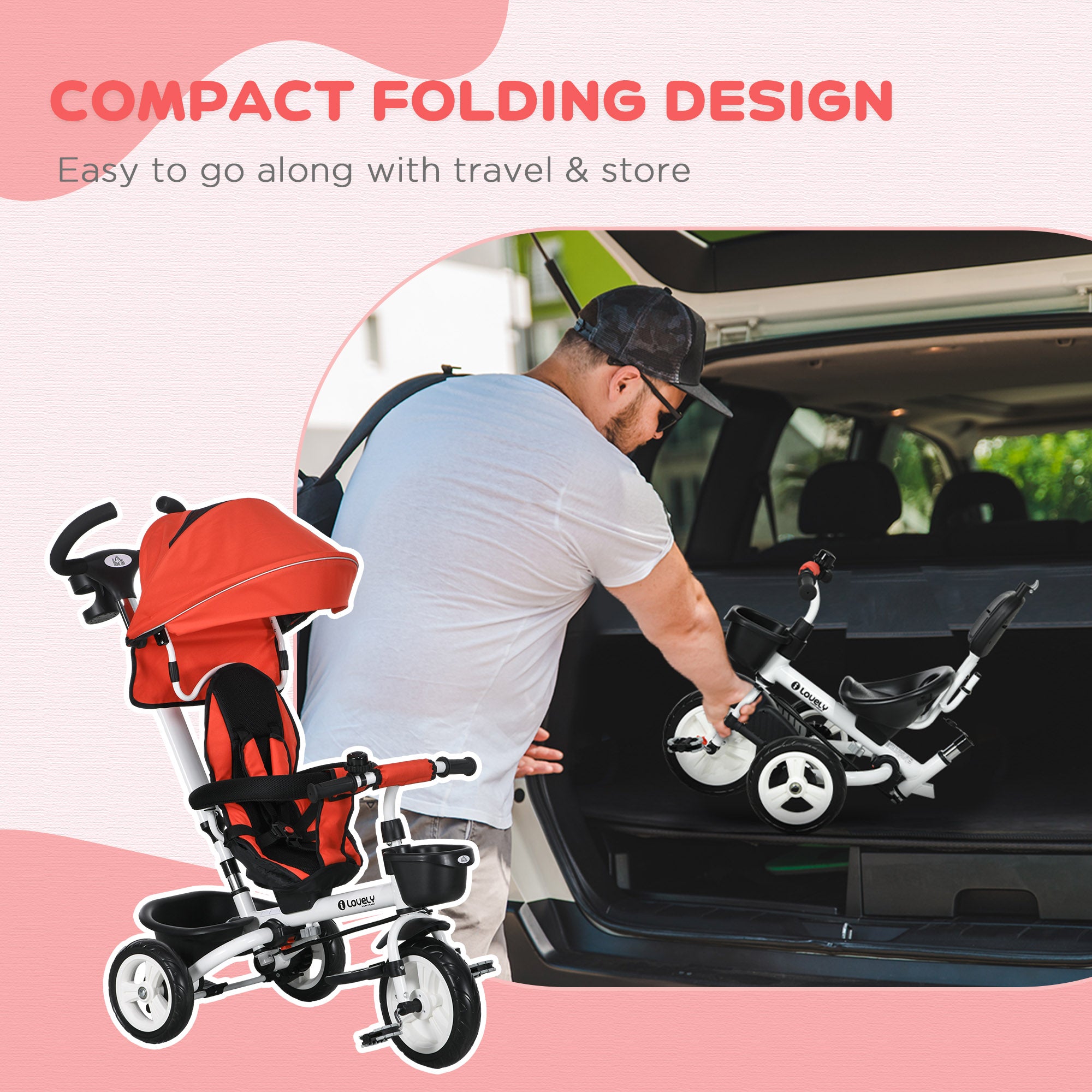 HOMCOM Metal Frame 6 in 1 Baby Push Tricycle with Parent Handle for 1-5 Years Old, Red - North Peak Garden Furniture