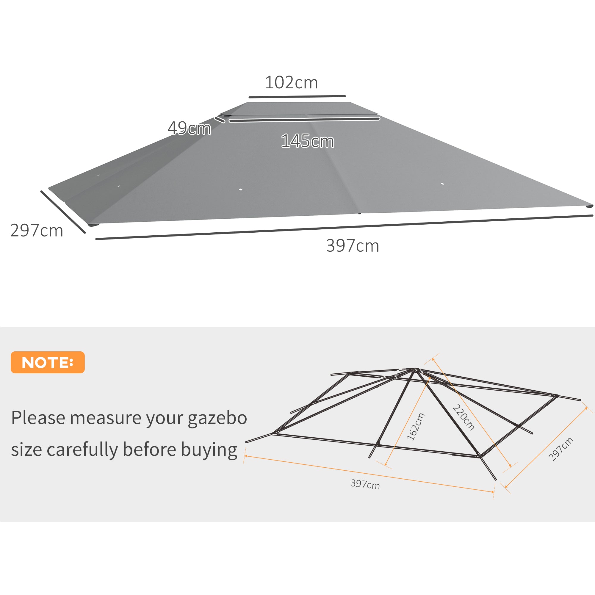 Outsunny 3 x 4m Gazebo Canopy Replacement Cover, Gazebo Roof Replacement (TOP COVER ONLY), Light Grey