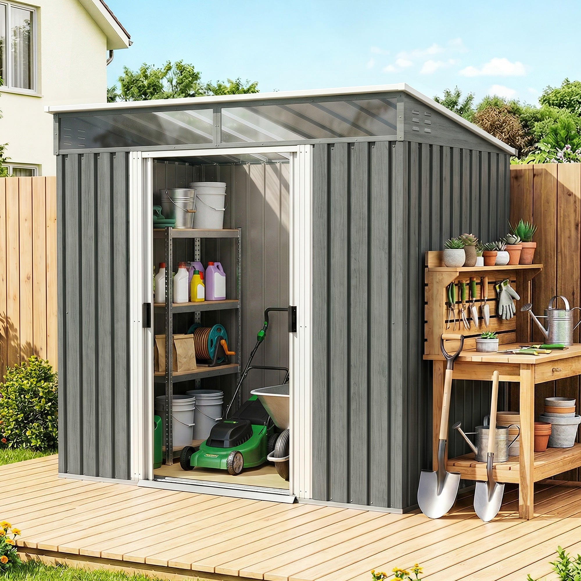 Outsunny 6.5 x 4FT Galvanised Metal Shed with Foundation Kit, Lockable Tool Garden Shed with Double Sliding Doors, Vents, Light Grey Wood Effect