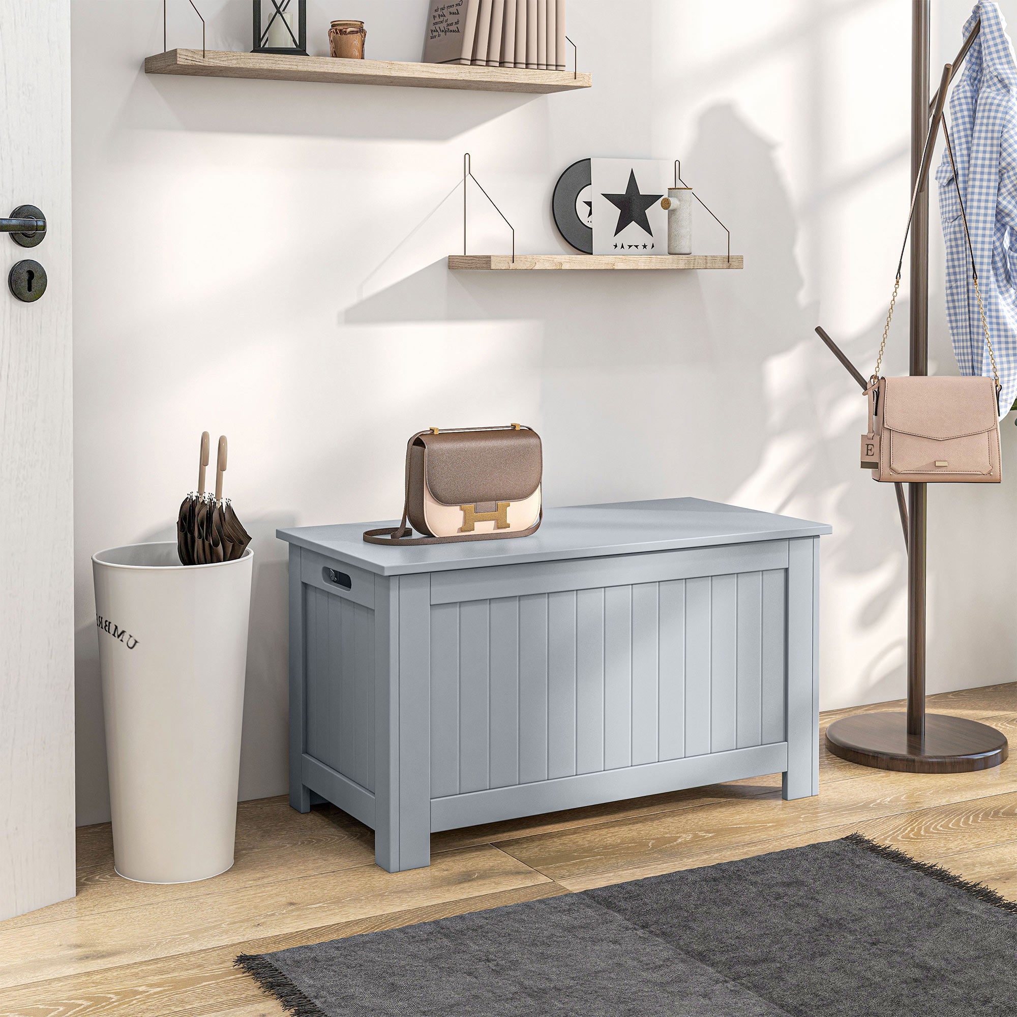 HOMCOM Large Storage Box Toy Chest Cabinet Container Unit Organizer with Lid & Safety Hinges, Grey - North Peak Garden Furniture