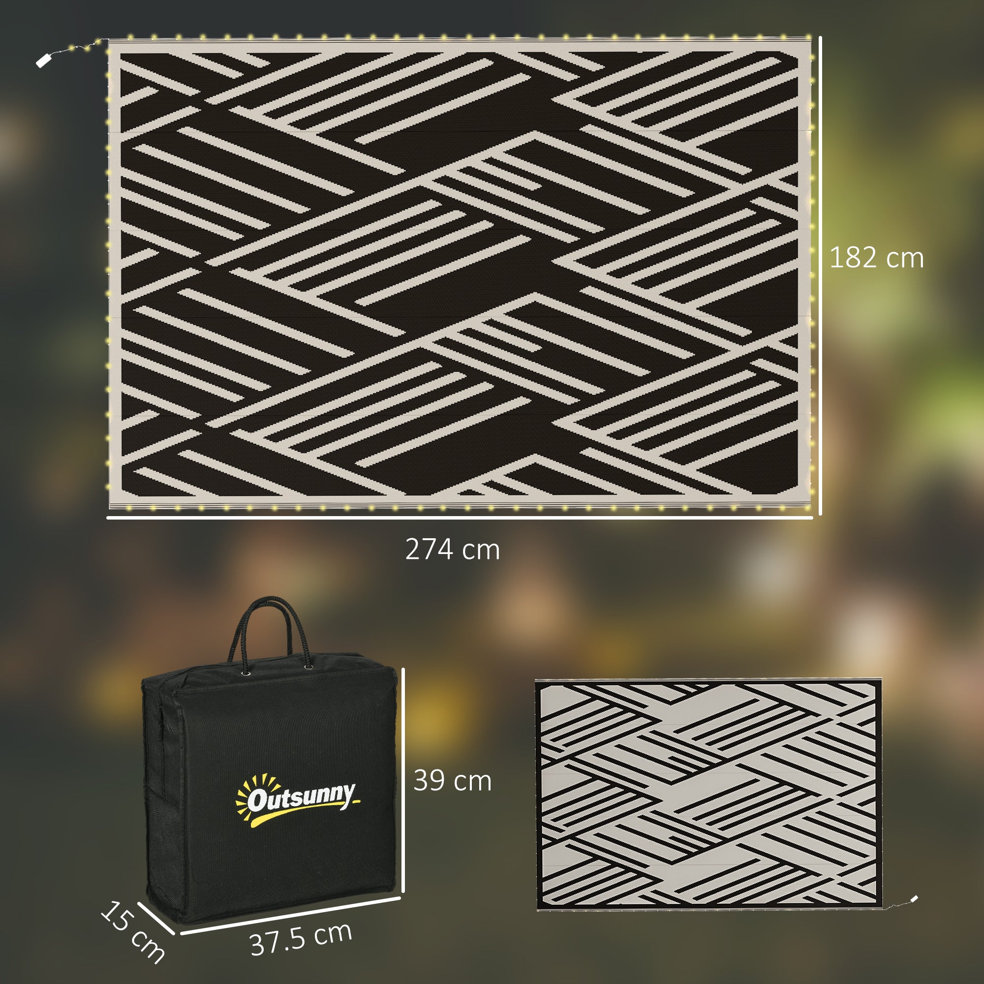 Outsunny Plastic Straw Reversible RV Outdoor Rug with LED String Light, 182 x 274cm, Black and Coffee - North Peak Garden Furniture