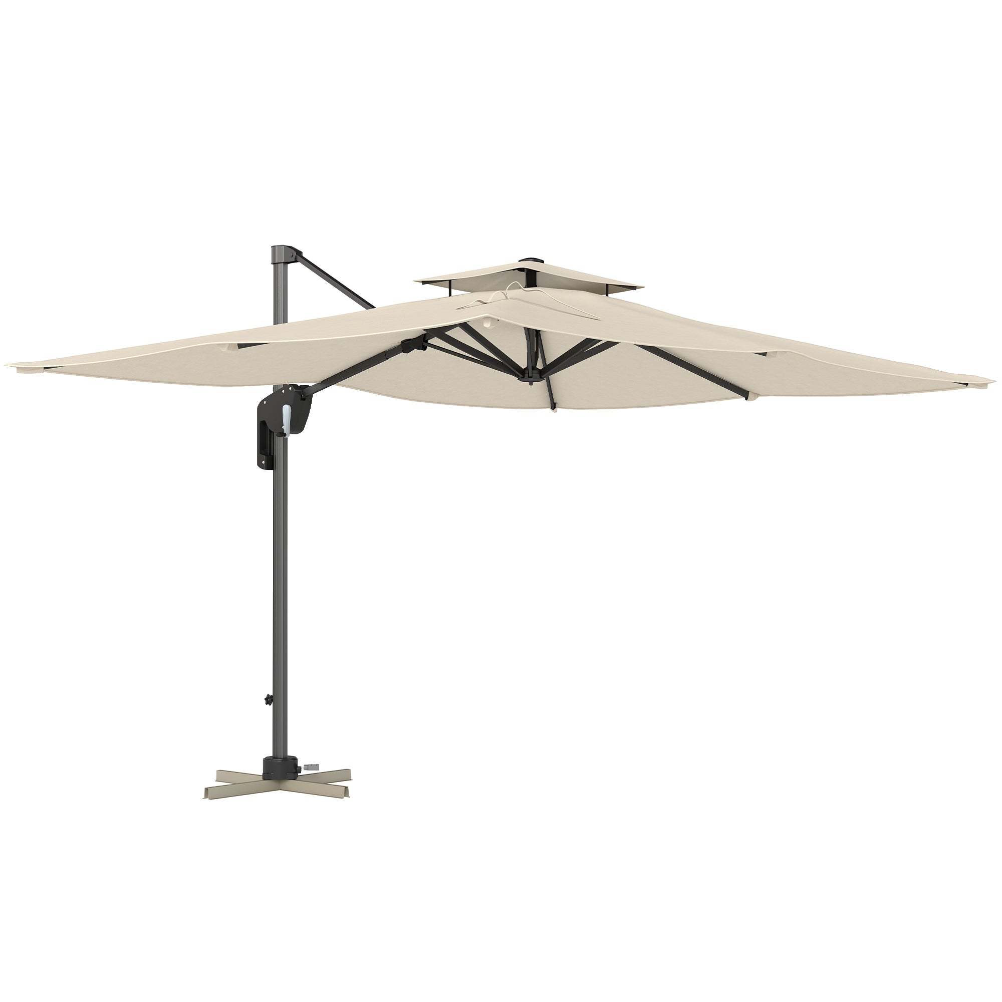 Outsunny 3.7 x 2.7 m Cantilever Parasol w/ 360° Rotation and Easy Tilt Adjustment, Aluminium Hanging Offset Outdoor Umbrella w/ Double Top and Cross Base, UPF50+ Hanging Sun Shade, Black - North Peak Garden Furniture