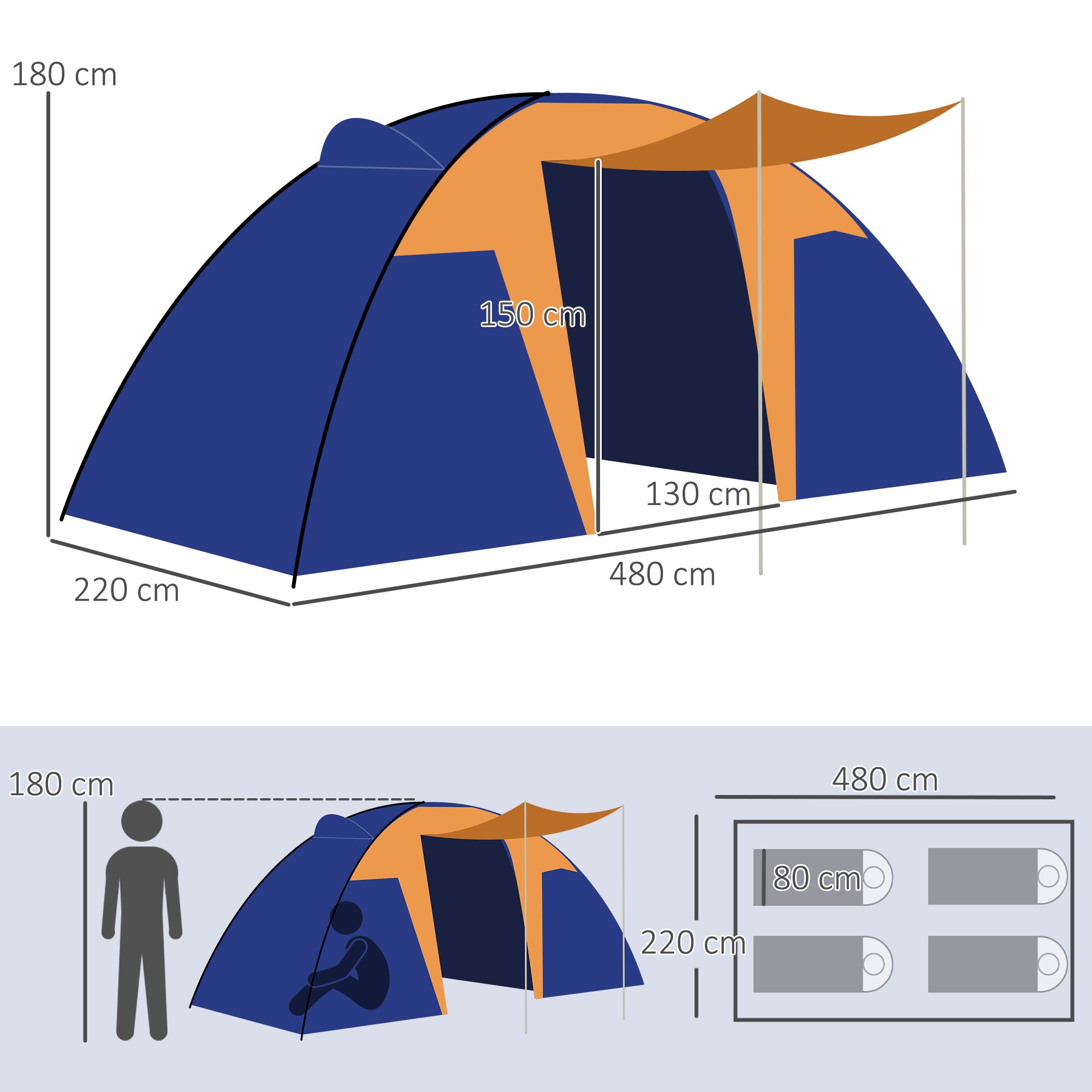 Outsunny Camping Tent with 2 Bedroom, Living Area and Porch, 4-6 Man Large Tunnel Tent, 2000mm Waterproof, Portable with Bag