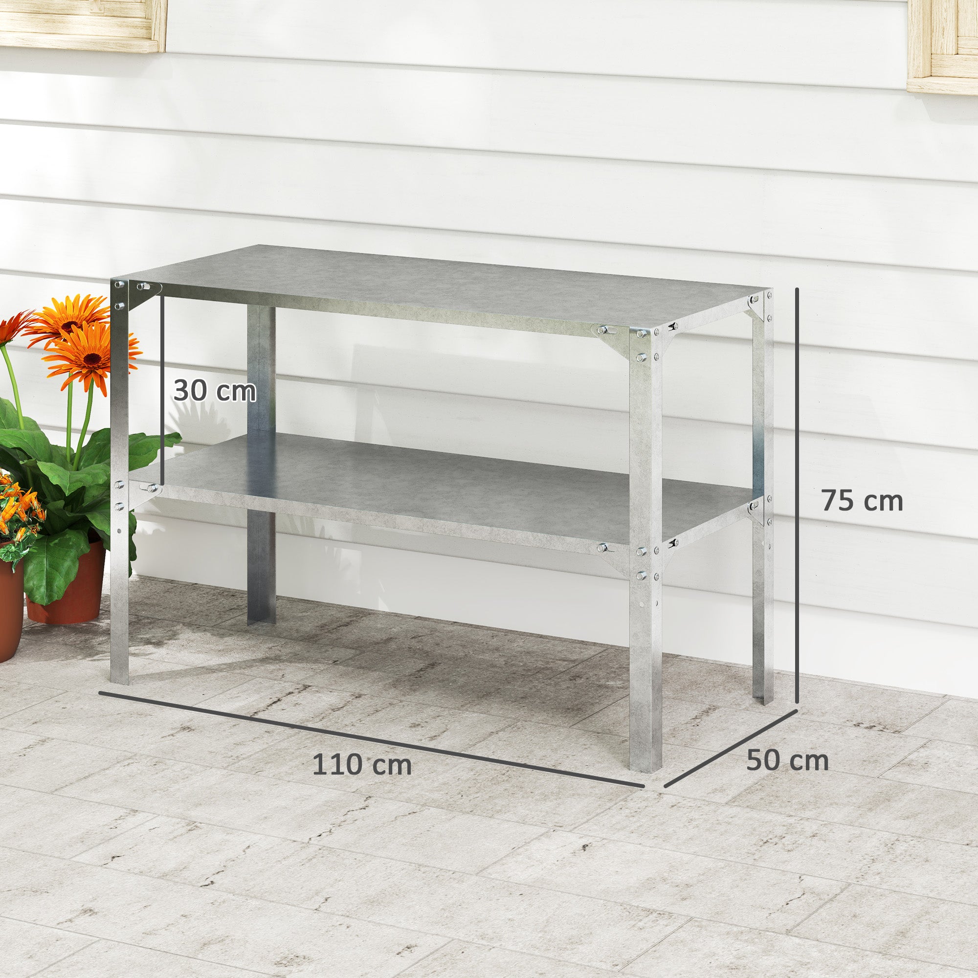Outsunny 2 Tier Potting Bench Table, Galvanised Steel Garden Planting Work Bench Workstation with Storage Shelf for Outdoor, Patio, Greenhouse, 110 x 50 x 75 cm, Silver Tone - North Peak Garden Furniture