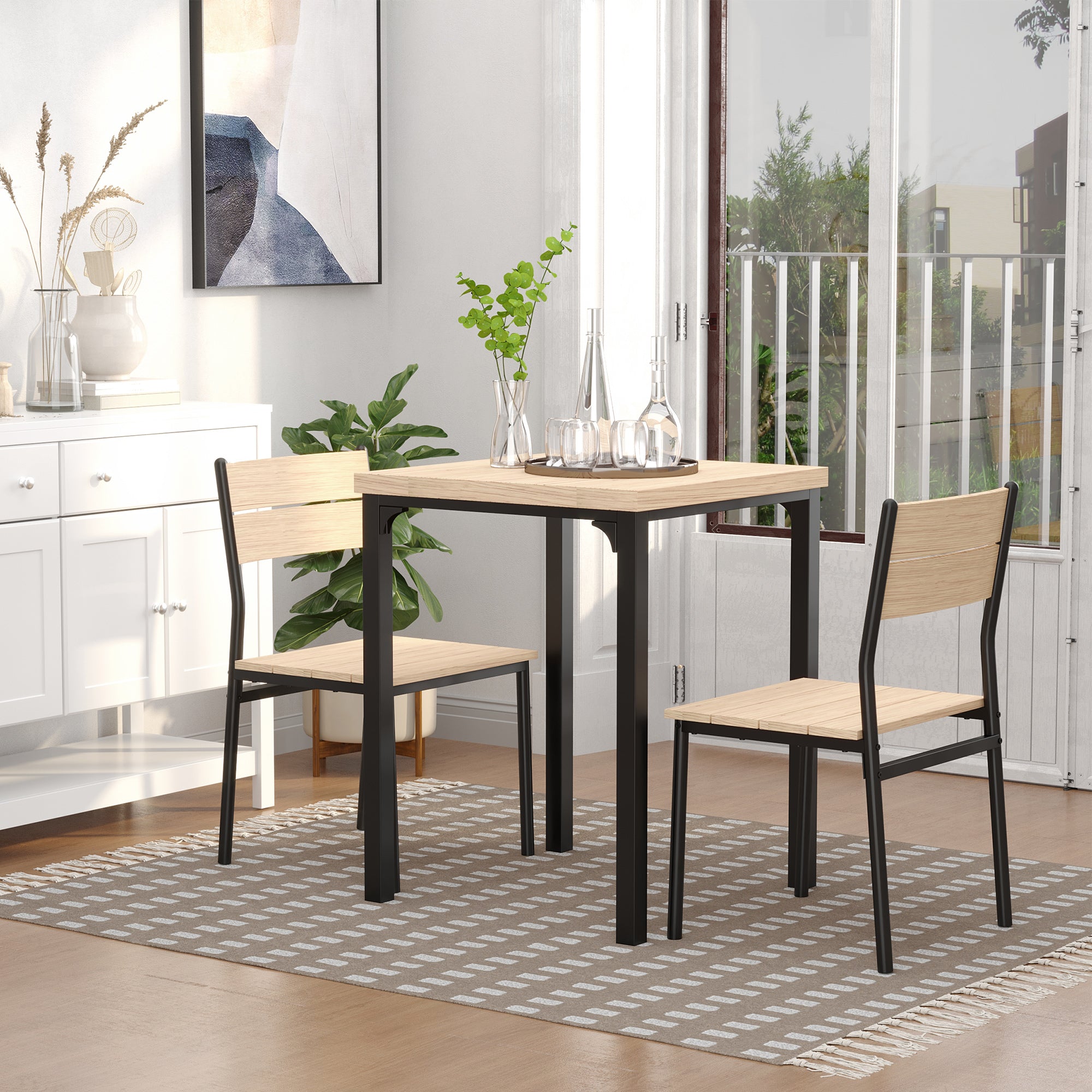 HOMCOM 3 Pieces Compact Dining Table 2 Chairs Set Wooden Metal Legs Bistro cafe Kitchen Breakfast Bar Home Furniture, Light Wood Grain - North Peak Garden Furniture
