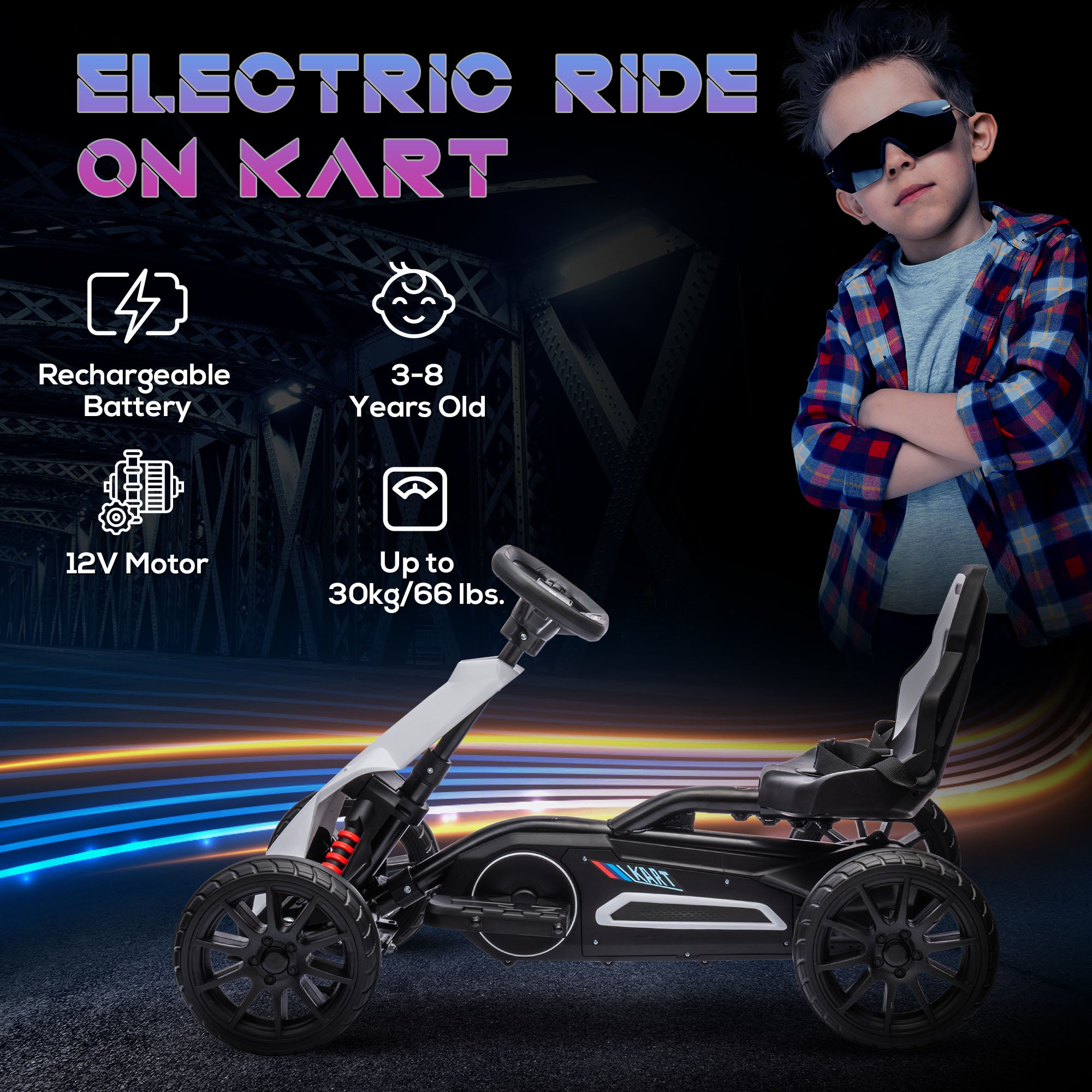 HOMCOM 12V Electric Go Kart for Kids, Ride-On Racing Go Kart with Forward Reversing, Rechargeable Battery, 2 Speeds, for Boys Girls Aged 3-8 Years Old - White - North Peak Garden Furniture