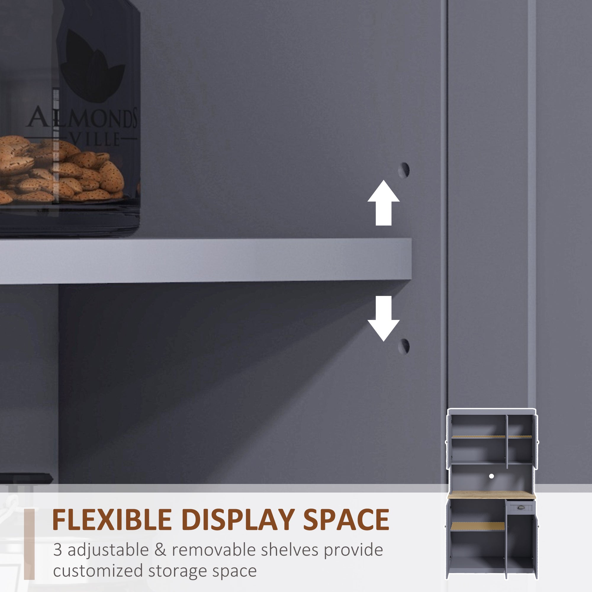 HOMCOM 180cm Freestanding Kitchen Cabinet, Modern Storage Cupboard with Open Countertop, Drawer and 6 Doors, Grey