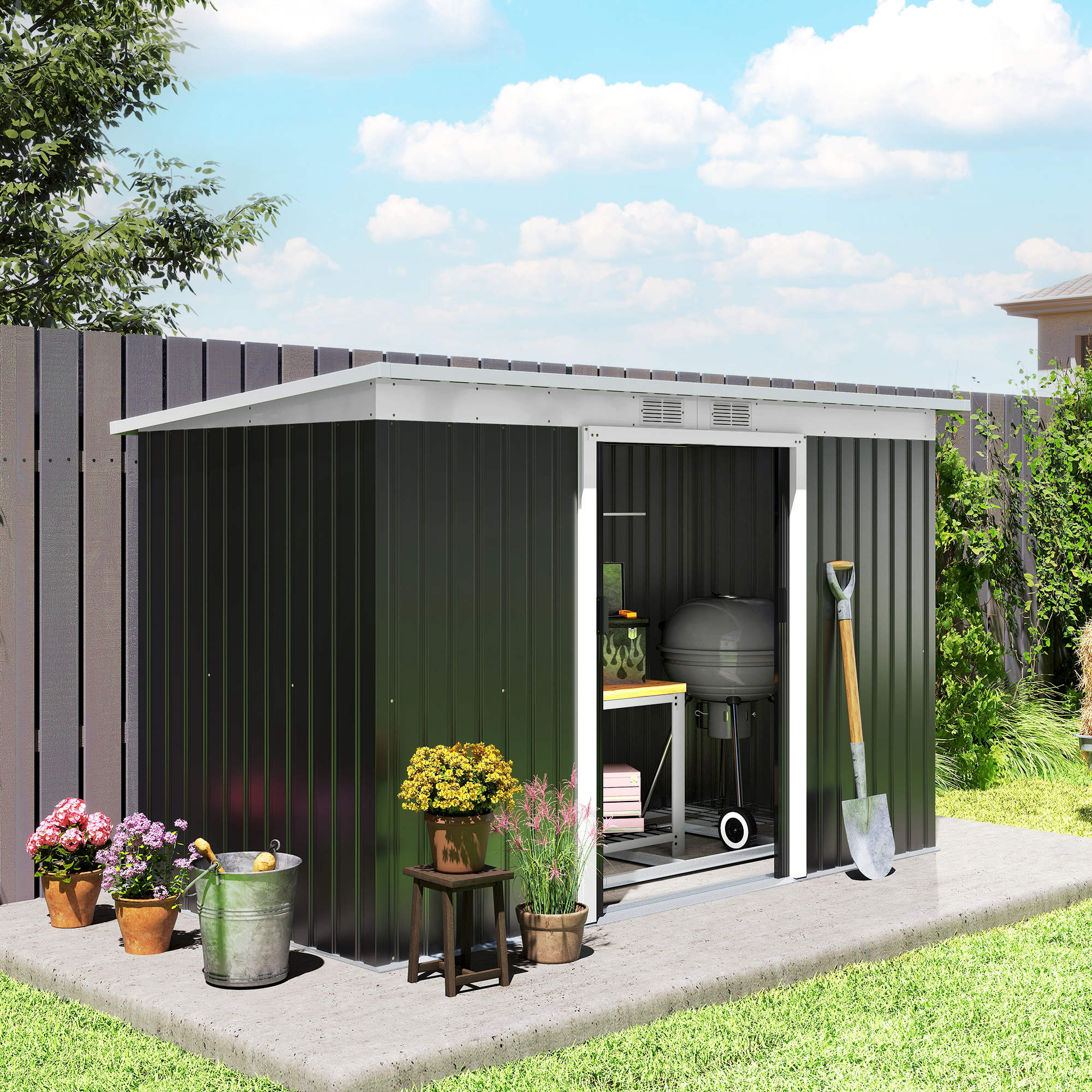 Outsunny 9ft x 4ft Metal Garden Shed, Outdoor Tool House with Foundation Kit, Ventilations and Double Doors, Dark Grey - North Peak Garden Furniture