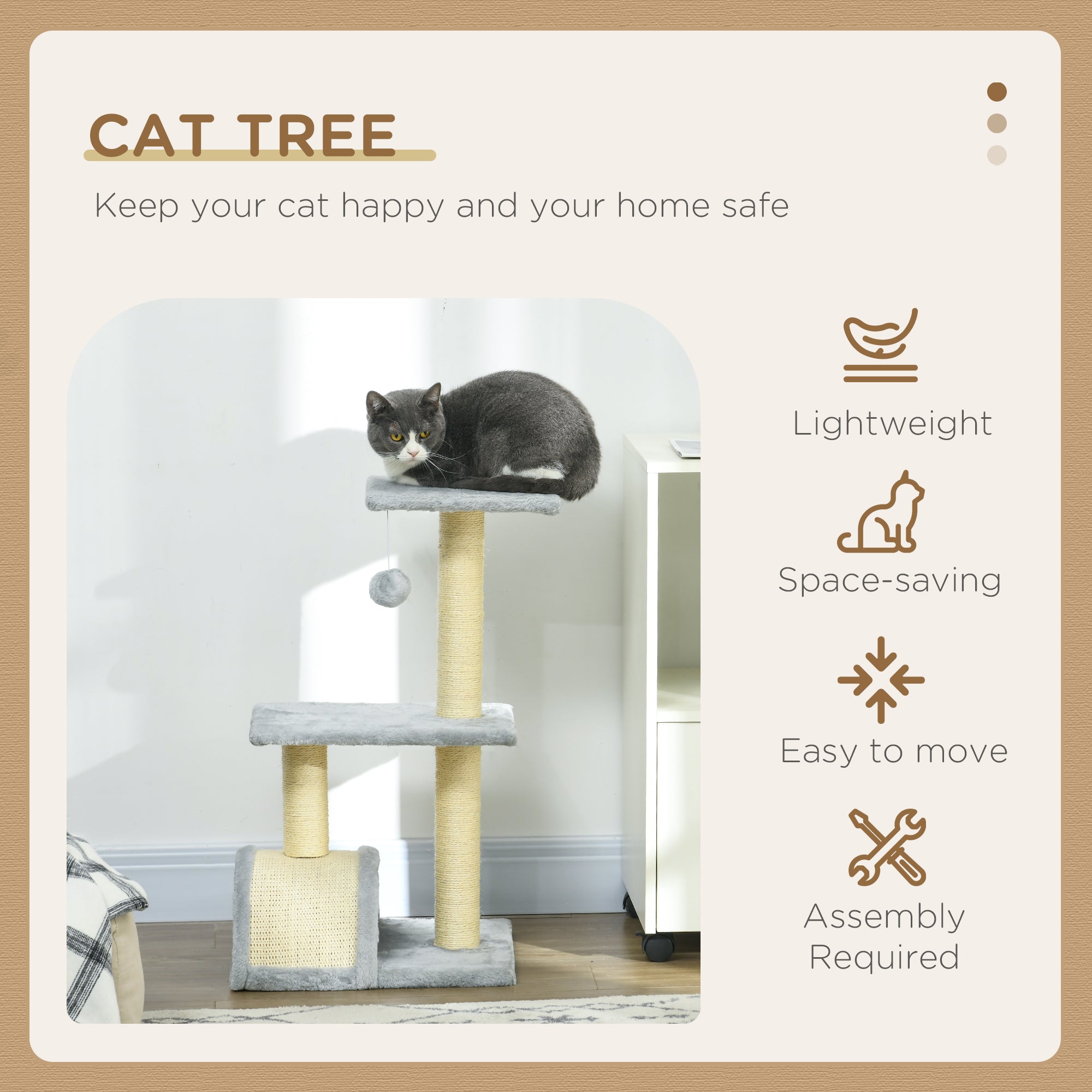 PawHut 72cm Cat Tree with Scratching Post, Pad for Indoor Cats - Light Grey - North Peak Garden Furniture