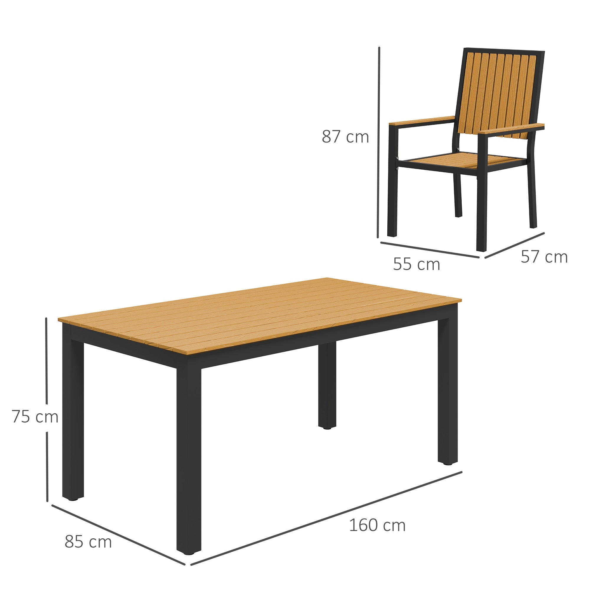 Outsunny 6 Seater Garden Dining Set with Stackable Chairs, Aluminium Frame, Rectangular Plastic Top, Garden Furniture Set, Outdoor Dining Table and Chairs for Patio, Balcony, Poolside, Nature Wood - North Peak Garden Furniture