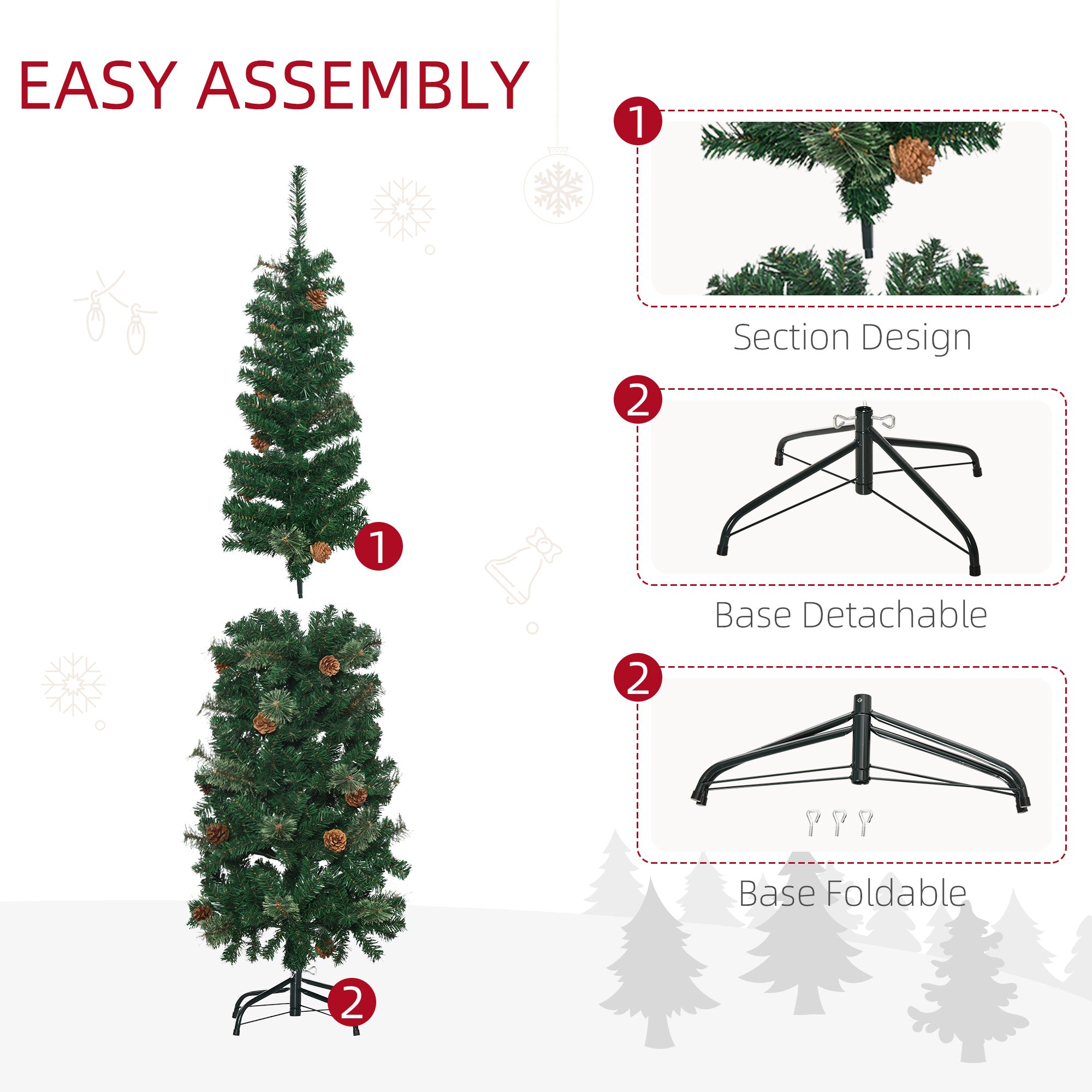 HOMCOM 5.5FT Tall Pencil Slim Artificial Christmas Tree with Realistic Branches, Tip Count and Pine Cones, Pine Needles Tree, Xmas Decoration, Green - North Peak Garden Furniture