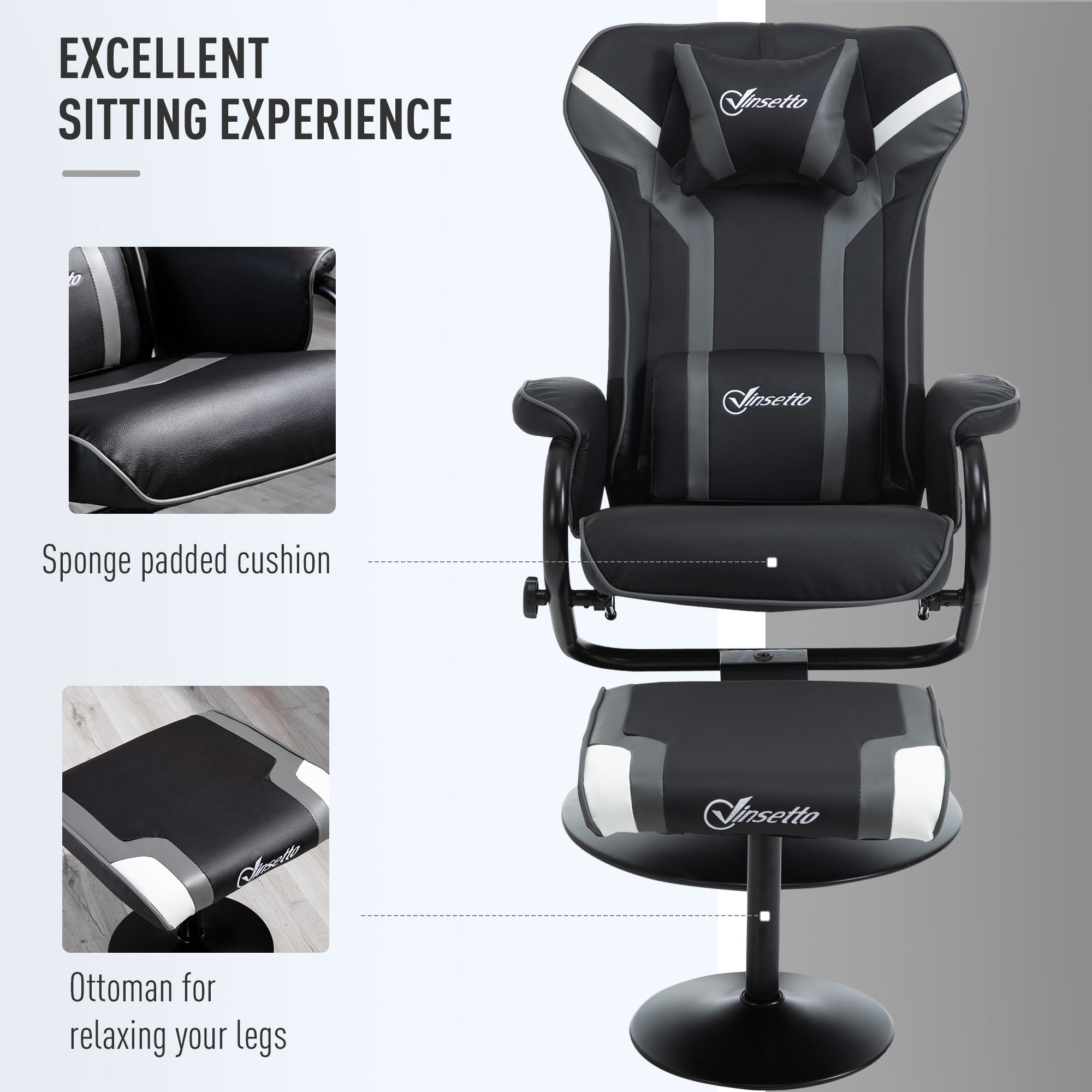 Vinsetto Reclining Chair and Stool Set, Recliner Chair with Headrest, Gaming Chair with Lumbar Support, Pedestal Base for Home Office, Grey - North Peak Garden Furniture