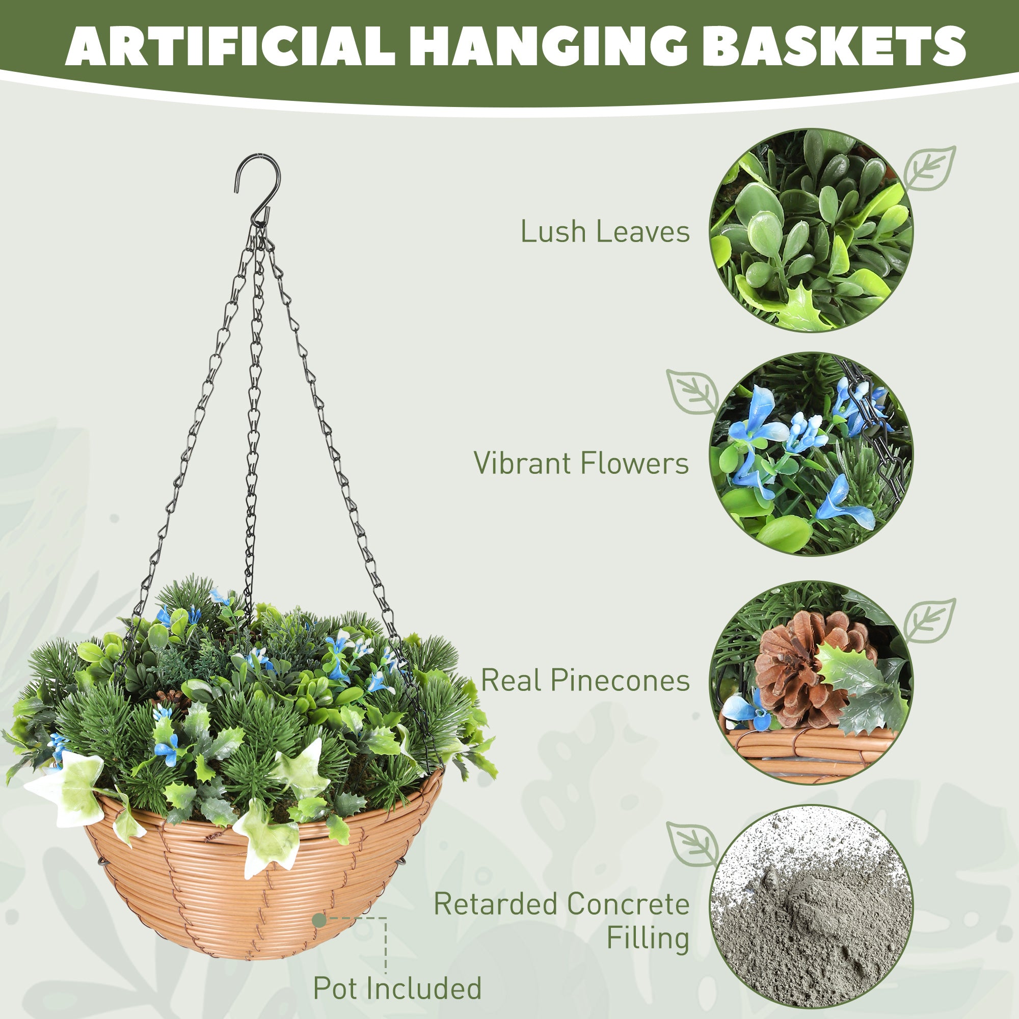 HOMCOM Artificial Flowers in Basket Set of 2, Artificial Hanging Baskets with PE Leaves, 18 Flowers and 3 Pinecones in Pot, Decorative Faux Plant for Home Office Decor, Green
