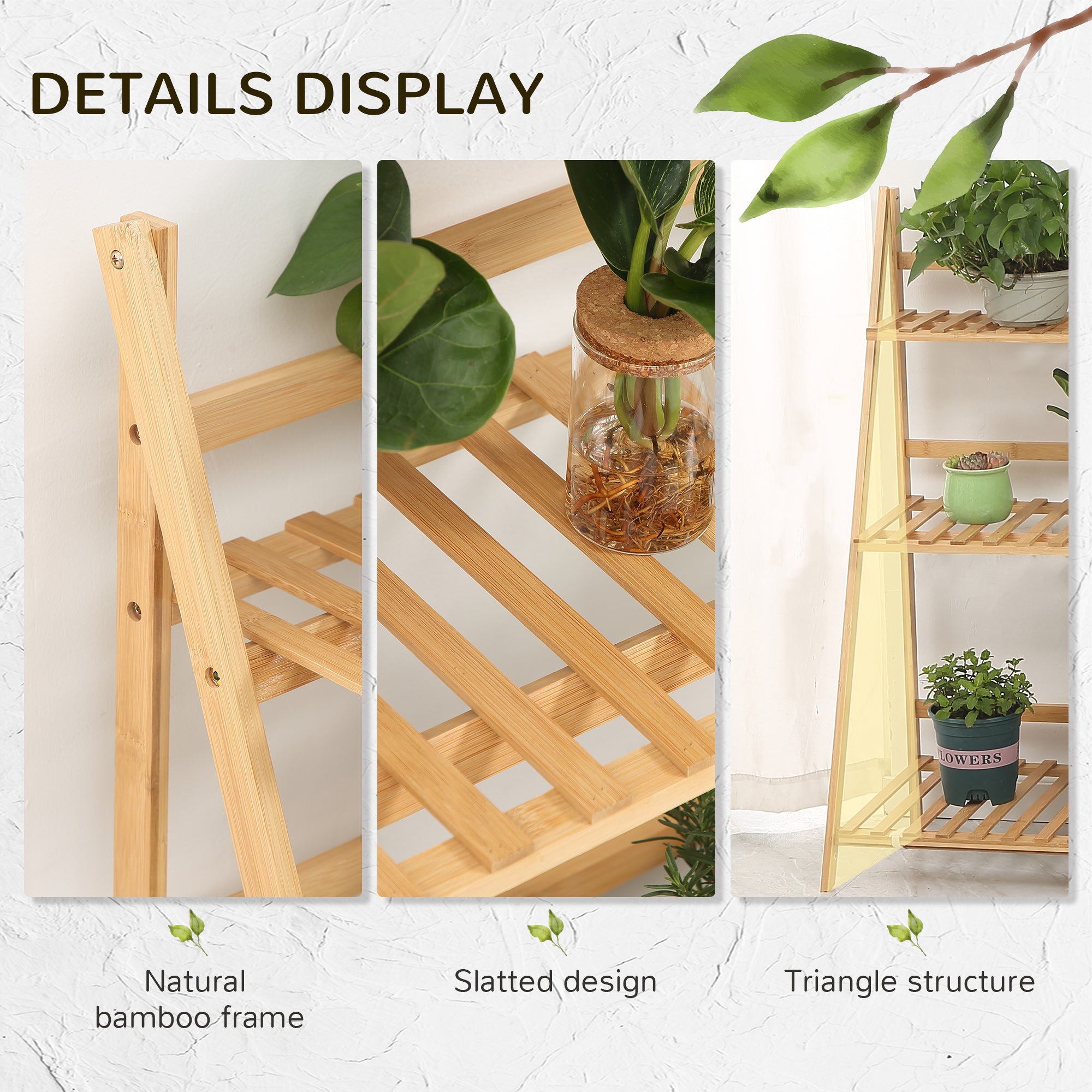 Outsunny 3-Tier Plant Stand, Plant Shelf Rack, Folding Bamboo Display Stand, 98x37x96.5cm, Natural - North Peak Garden Furniture