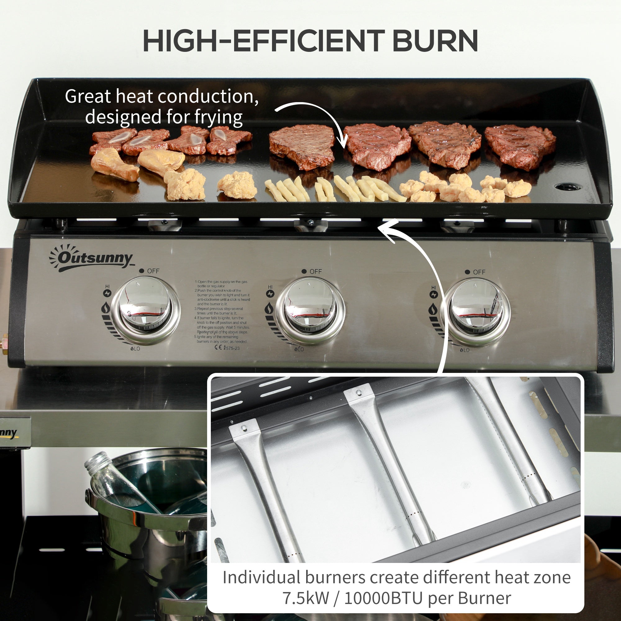 Outsunny 3 Burner Gas Plancha BBQ Grill with Lid, Black - North Peak Garden Furniture