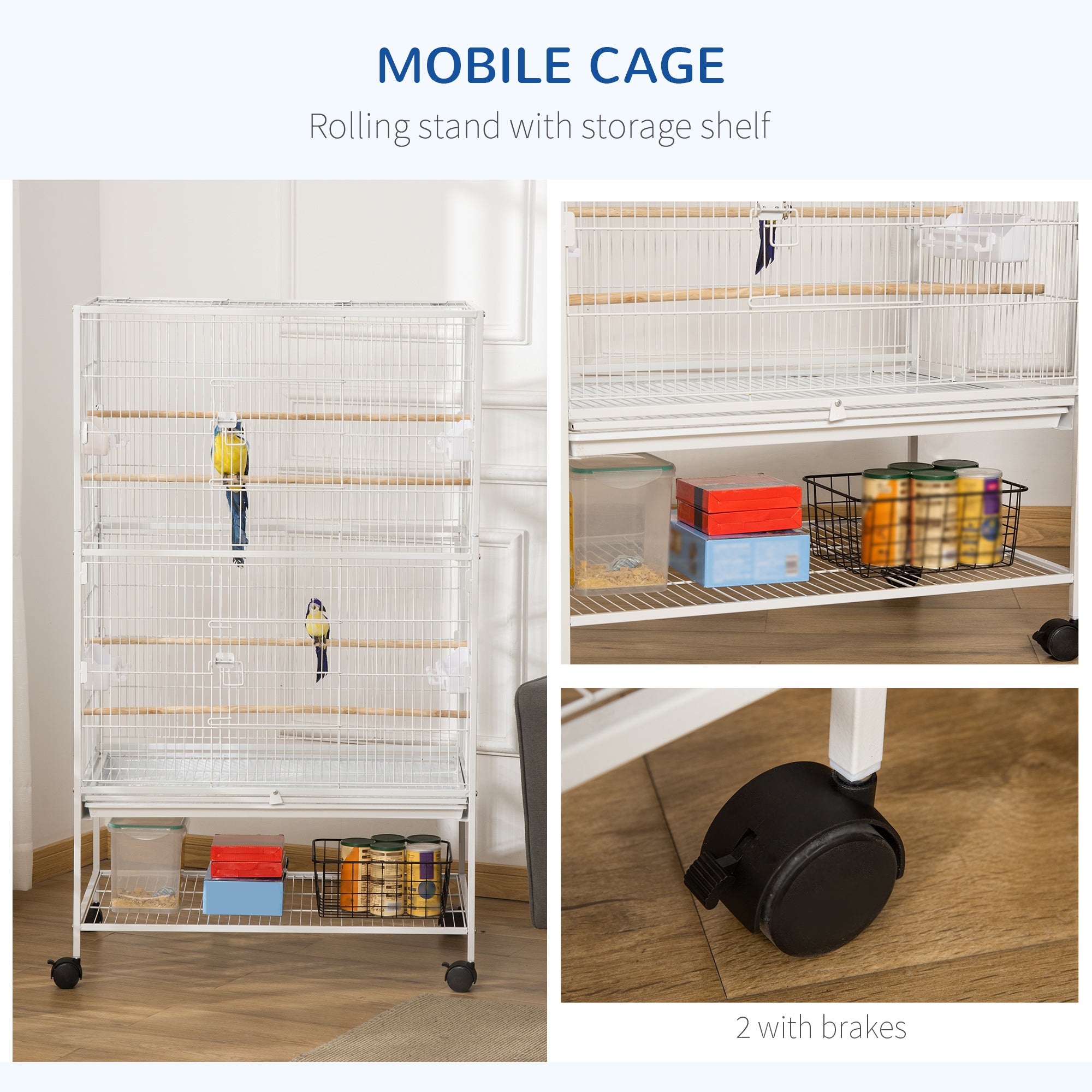 PawHut Large Bird Cage Budgie Cage for Finch Canaries Parakeet with Rolling Stand, Slide-out Tray, Storage Shelf, Food Containers, White - North Peak Garden Furniture