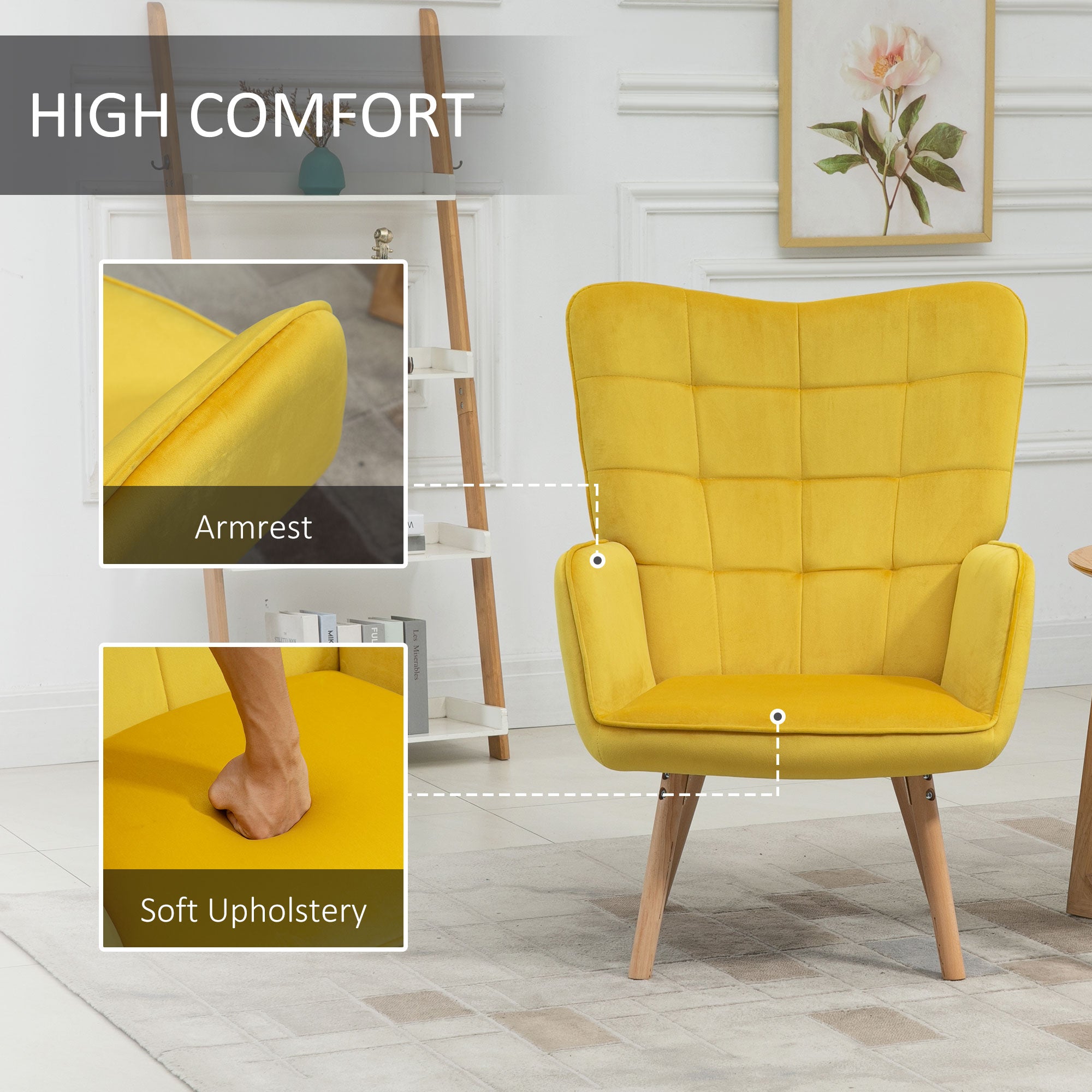 HOMCOM Modern Accent Chair Velvet-Touch Tufted Wingback Armchair Upholstered Leisure Lounge Sofa Club Chair with Wood Legs, Set of 2, Yellow - North Peak Garden Furniture