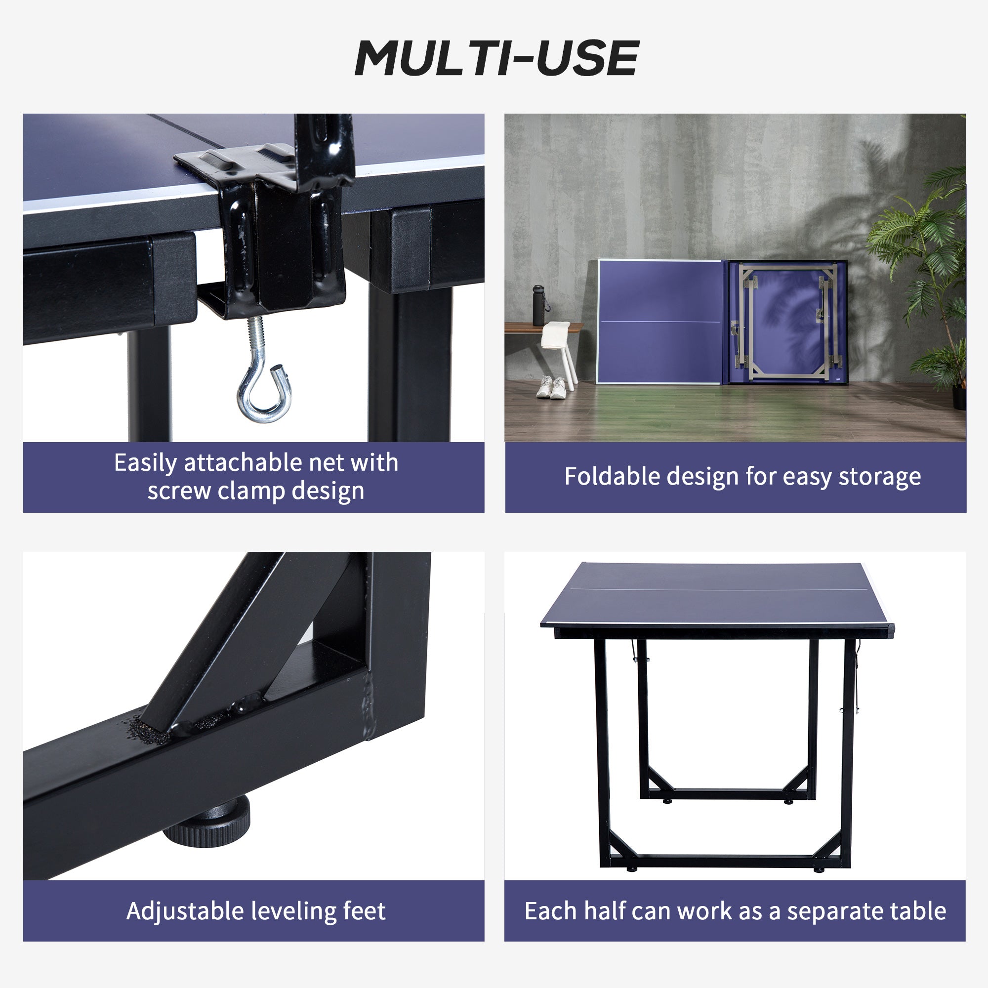 HOMCOM 6ft 182cm Mini Table Tennis Table Folding Ping Pong Table with Net Multi-Use Table for Indoor Outdoor Game, Blue - North Peak Garden Furniture