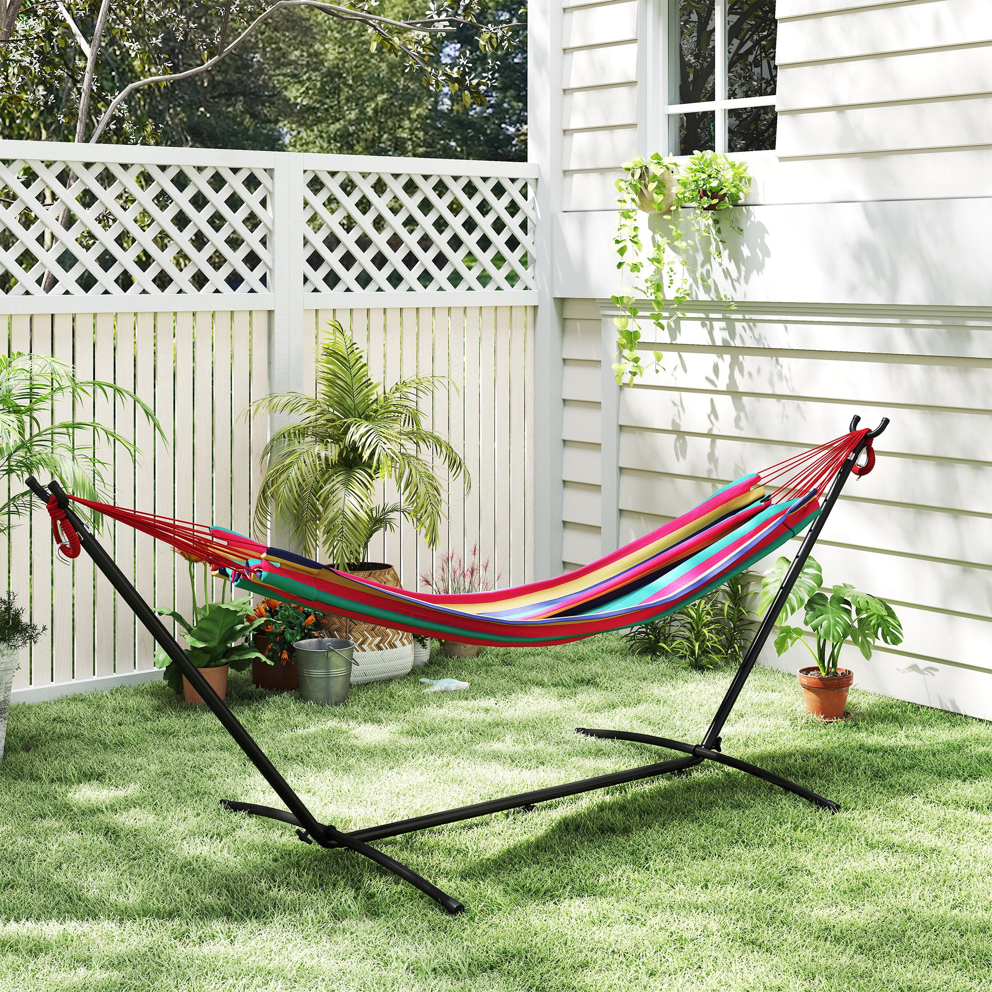 Outsunny 298 x 117cm Hammock with Stand Camping Hammock with Portable Carrying Bag, Adjustable Height, 120kg Load Capacity, Multicolour