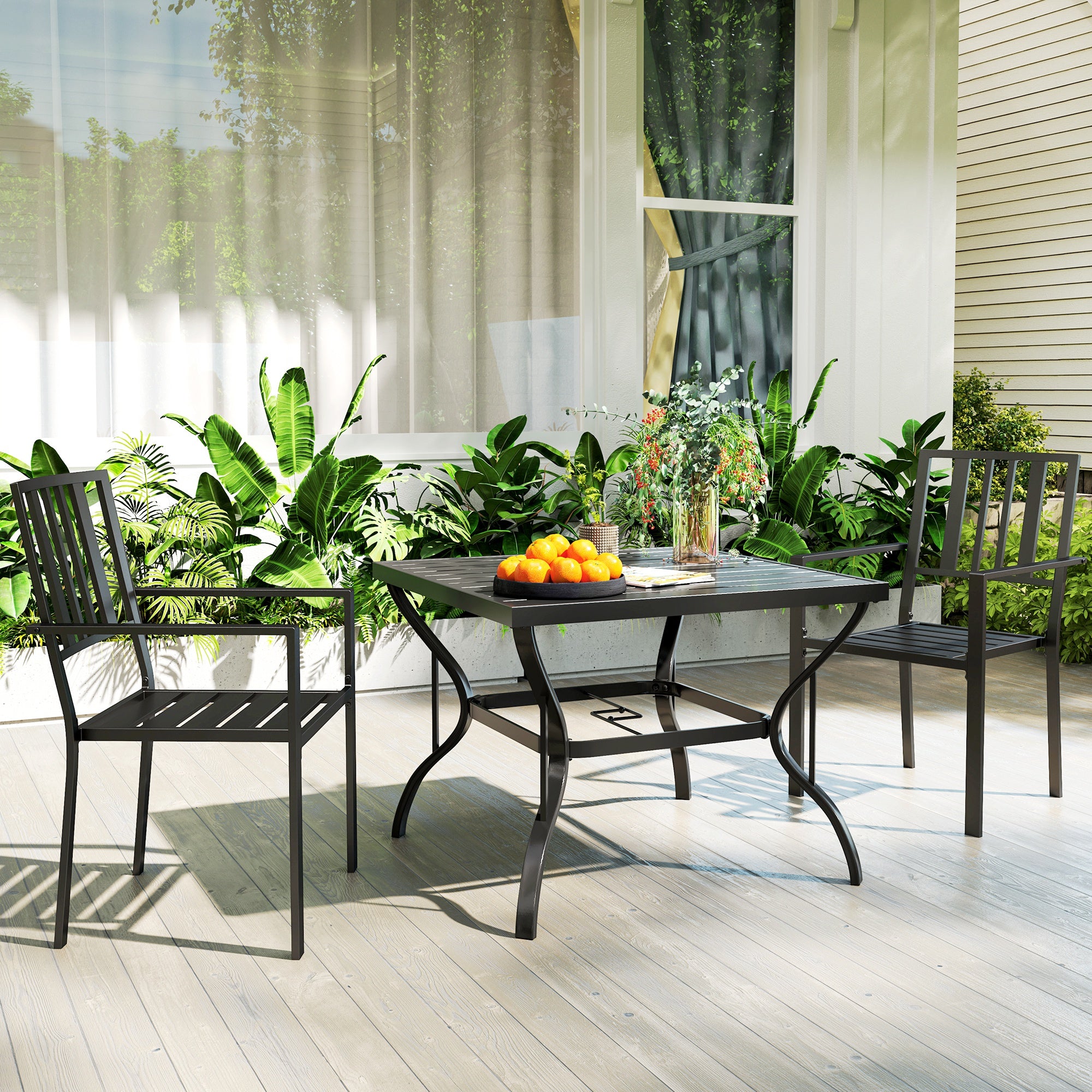 Outsunny Set of Two Minimal Metal Garden Chairs - Black - North Peak Garden Furniture